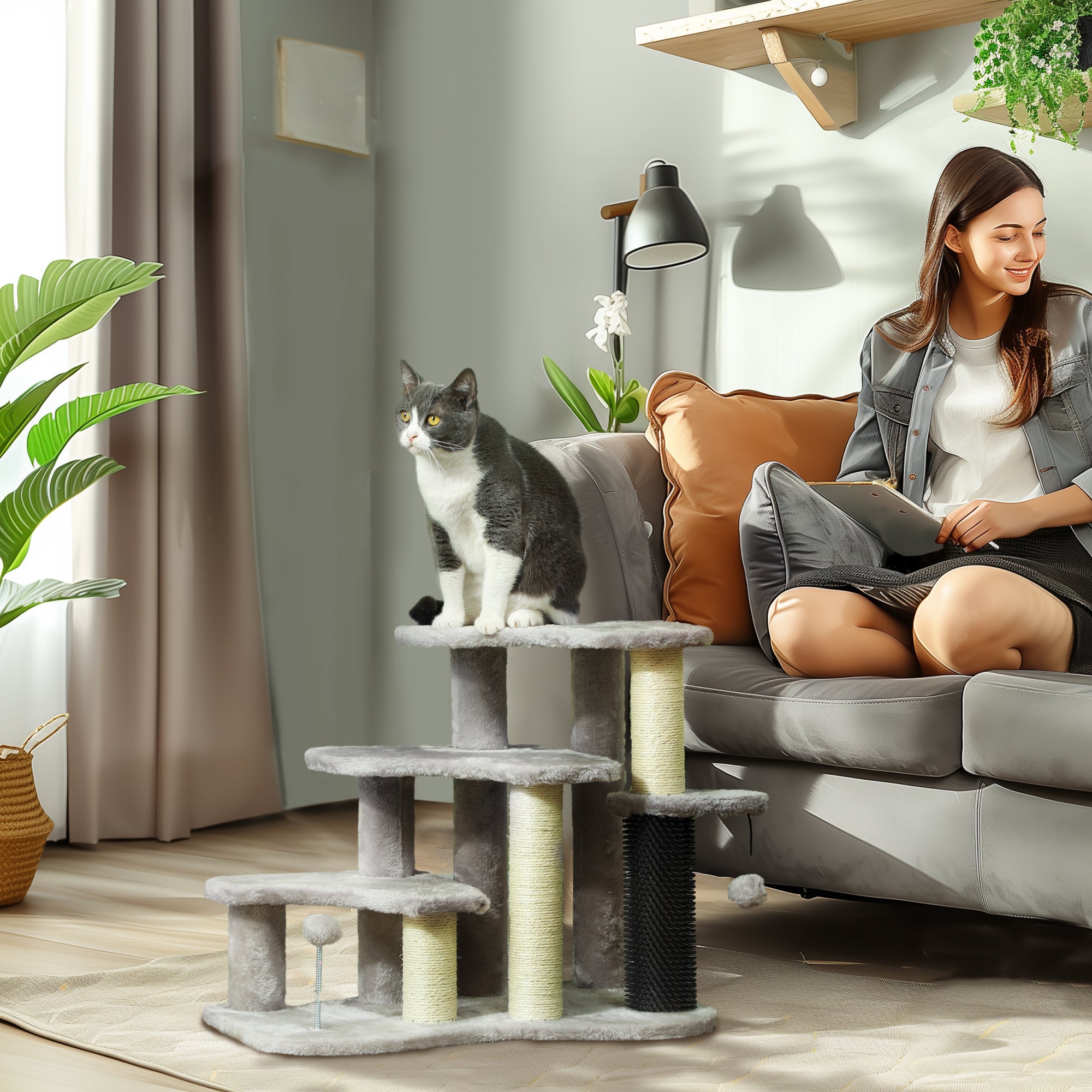 2 in 1 Cat Tree Tower 3-Step Pet Stairs with Scratching Posts, Tickling Post, Toy Balls, for High Beds, Couch - Light Gray - Image 2