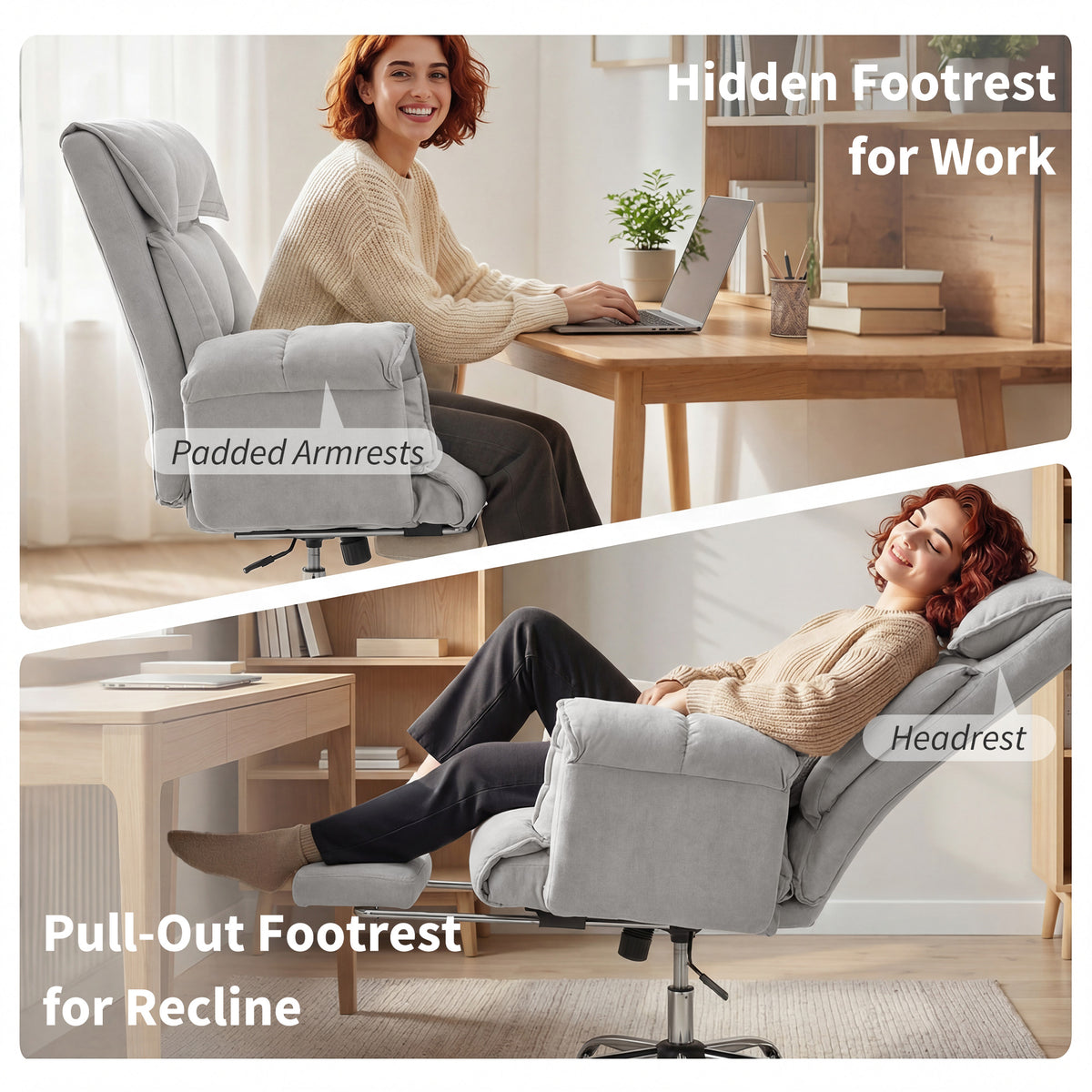 High Back Office Chair, Reclining Desk Chair with Footrest, High Resilience Foam, Rolling Wheels, Light Taupe Gray