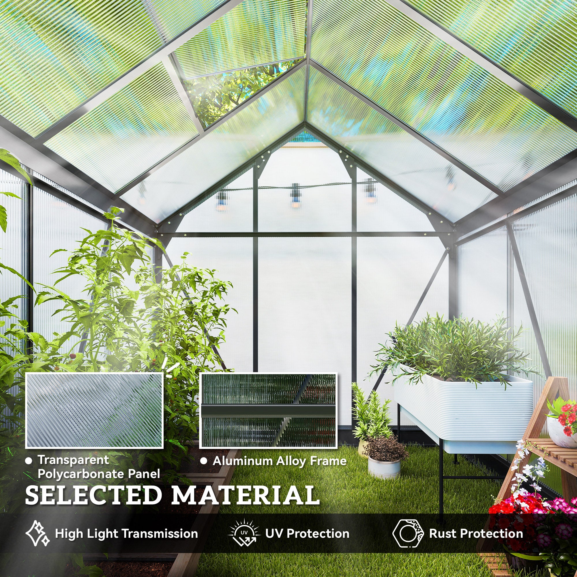 Polycarbonate Greenhouse, Heavy Duty Outdoor Aluminum Walk-in Green House Kit Vent Door, 6.2'x6.2'x6.6' Gray - Gray - Image 5