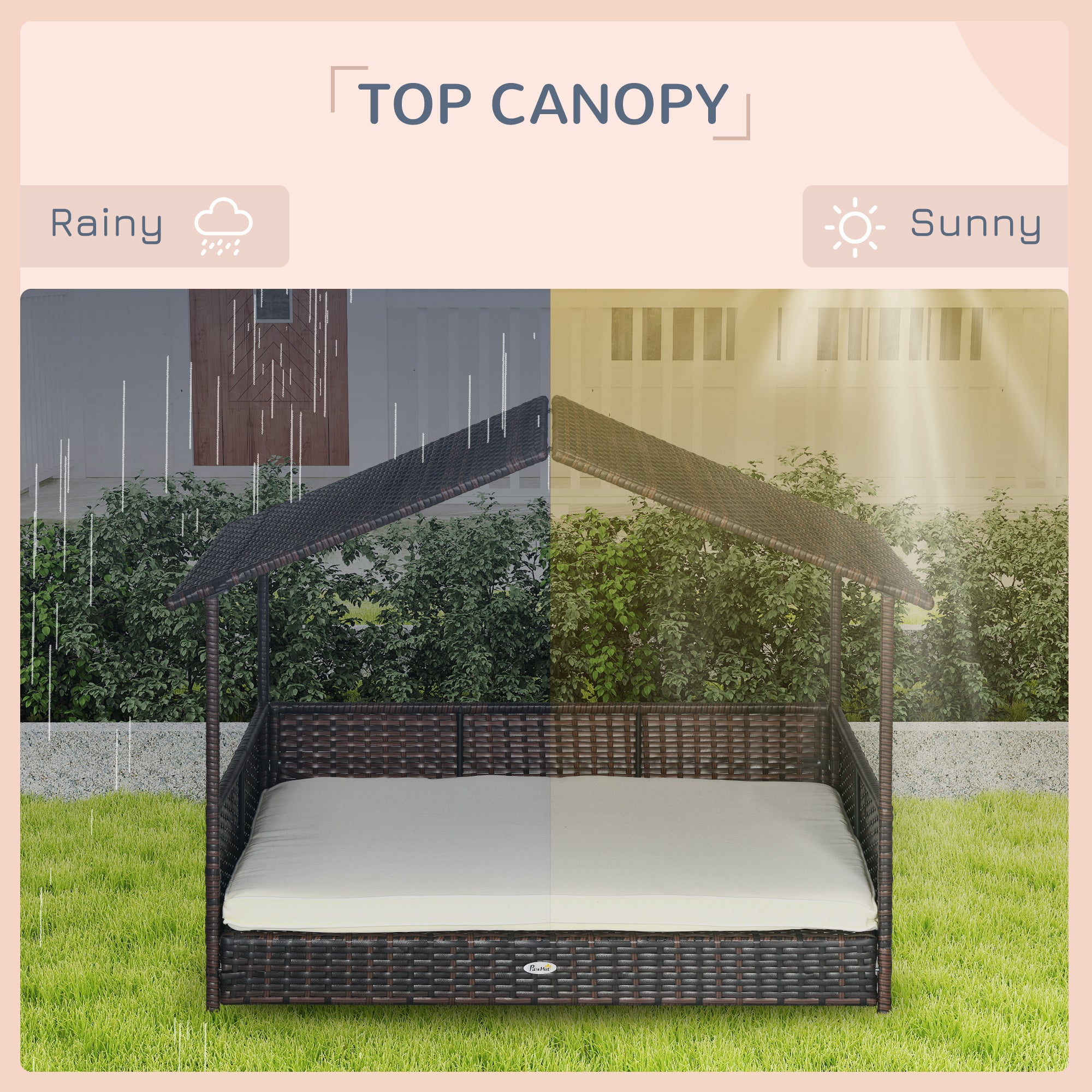 Outdoor Dog Bed with Canopy, Rattan Dog Bed with Soft Cushion Removable Cover for Medium and Large Dogs, Cream White - Cream White - Image 6
