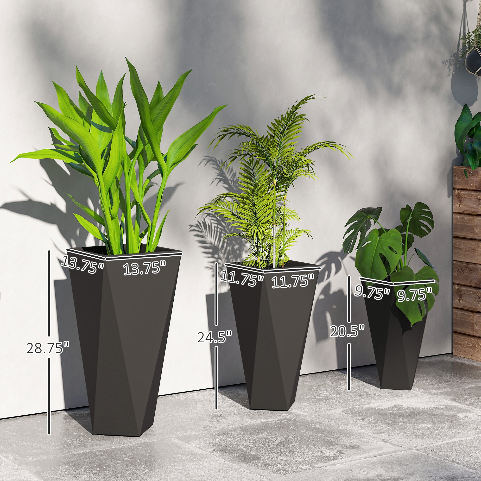 Indoor Outdoor Planters Set of 3 MgO Tall Planters Stackable Flower Pots with Drainage Holes for Garden, Balcony, Black - Black - Image 3