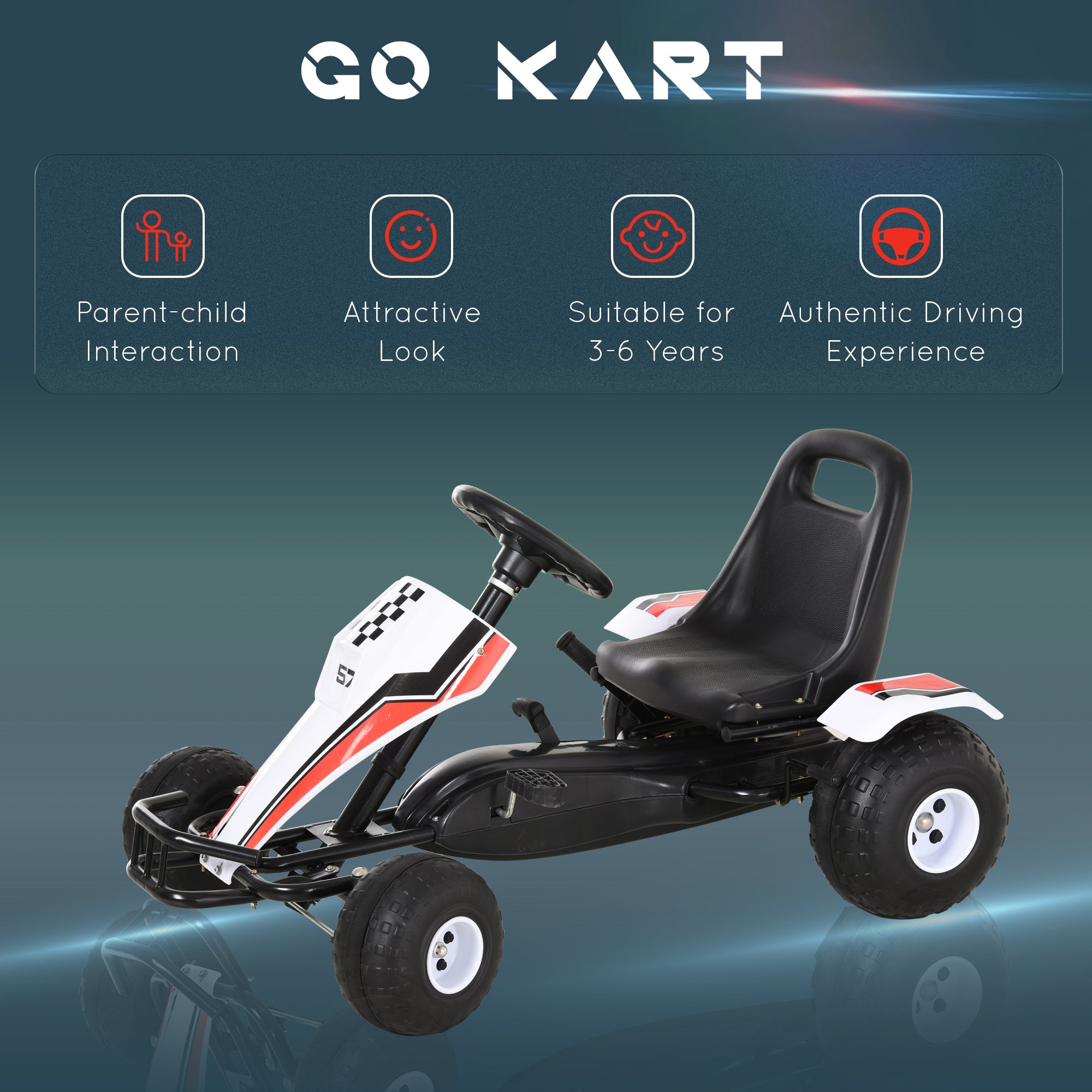 Pedal Go Kart Children Ride on Car Racing Style with Adjustable Seat, Plastic Wheels, Handbrake and Shift Lever, White