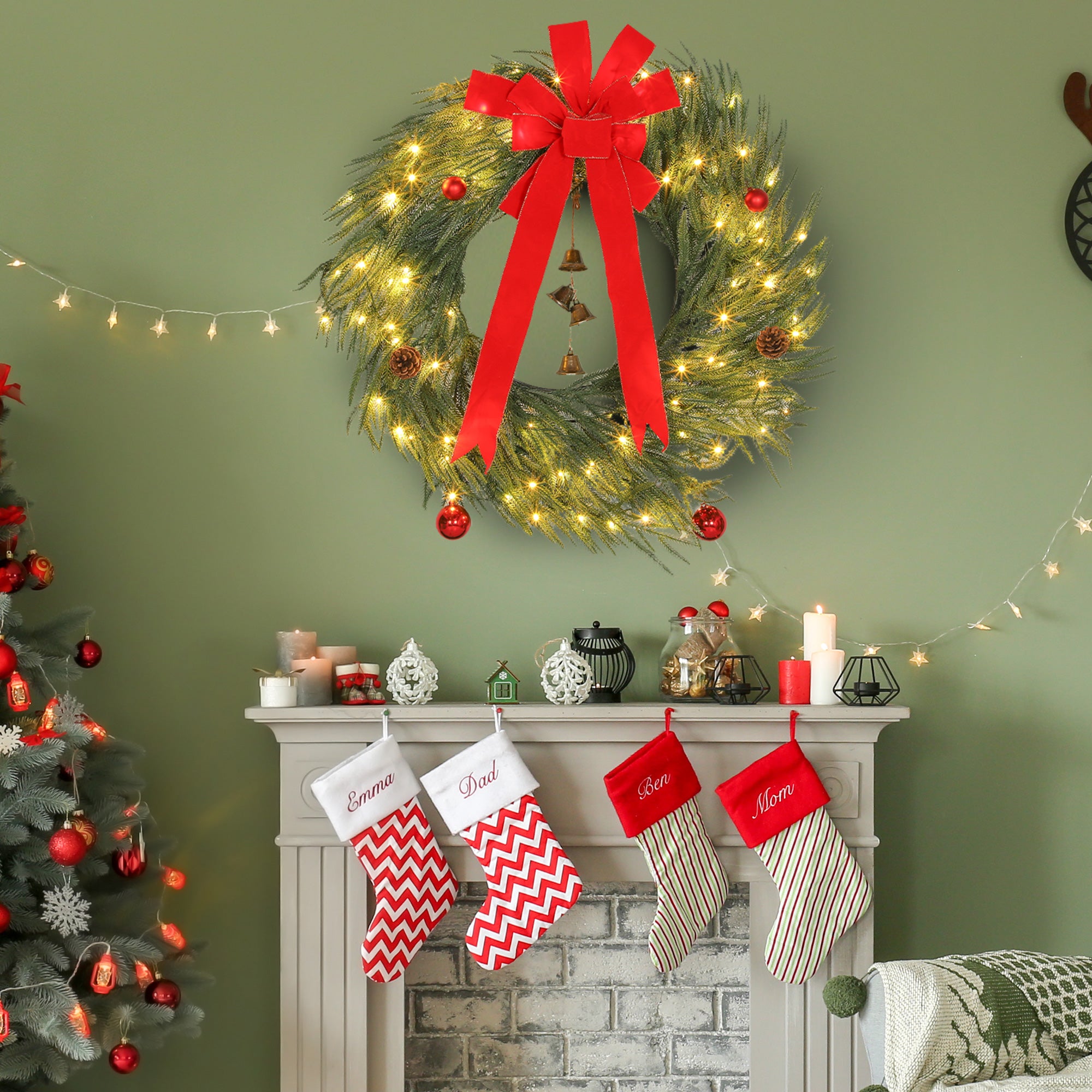36 Inch Christmas Wreath for Front Door with LED Lights, Prelit Christmas Wreath with 8 Modes and Ornaments, Green