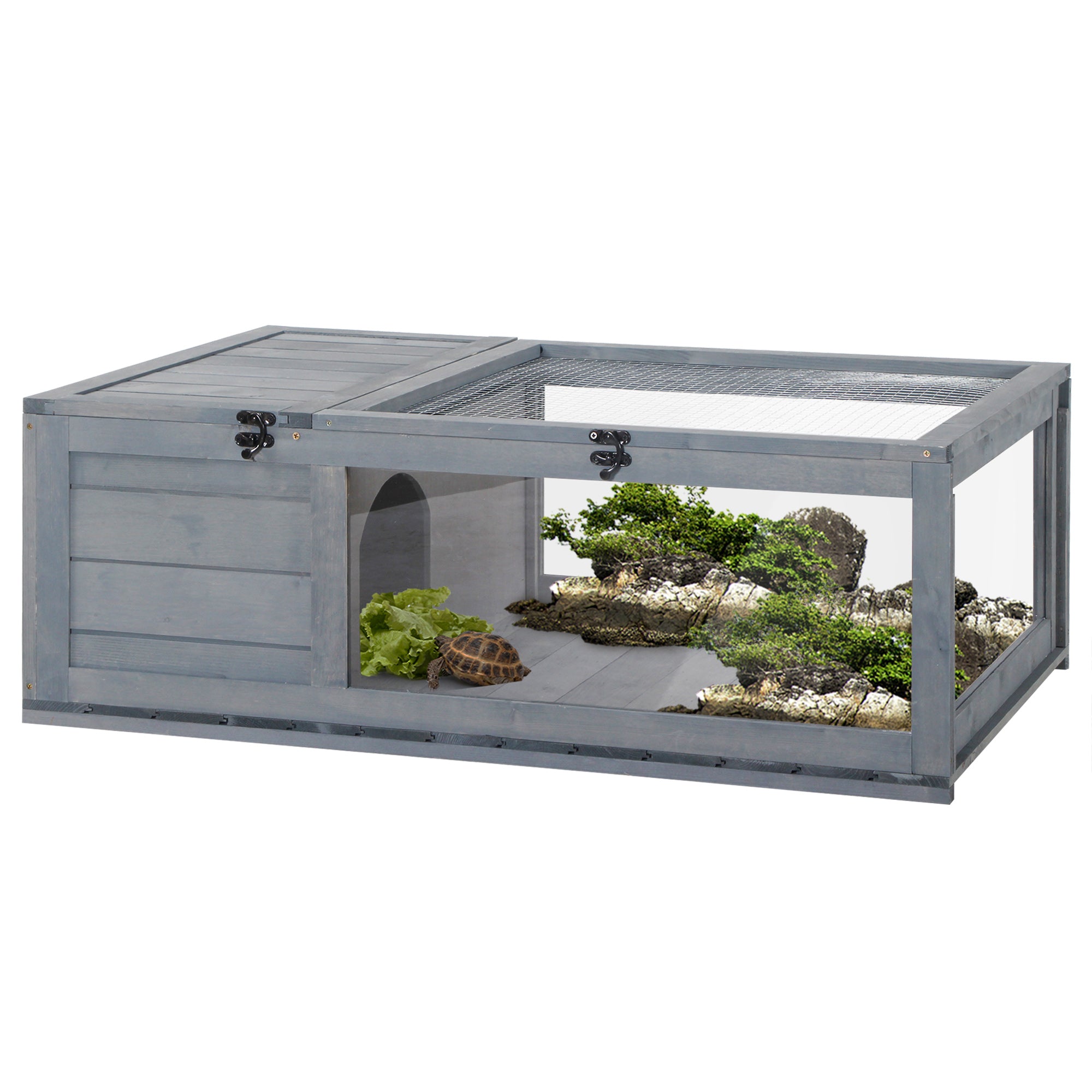 Wooden Reptile Cage with 3 Windows Slide-out Tray for Turtles, Lizards, Snakes - Grey