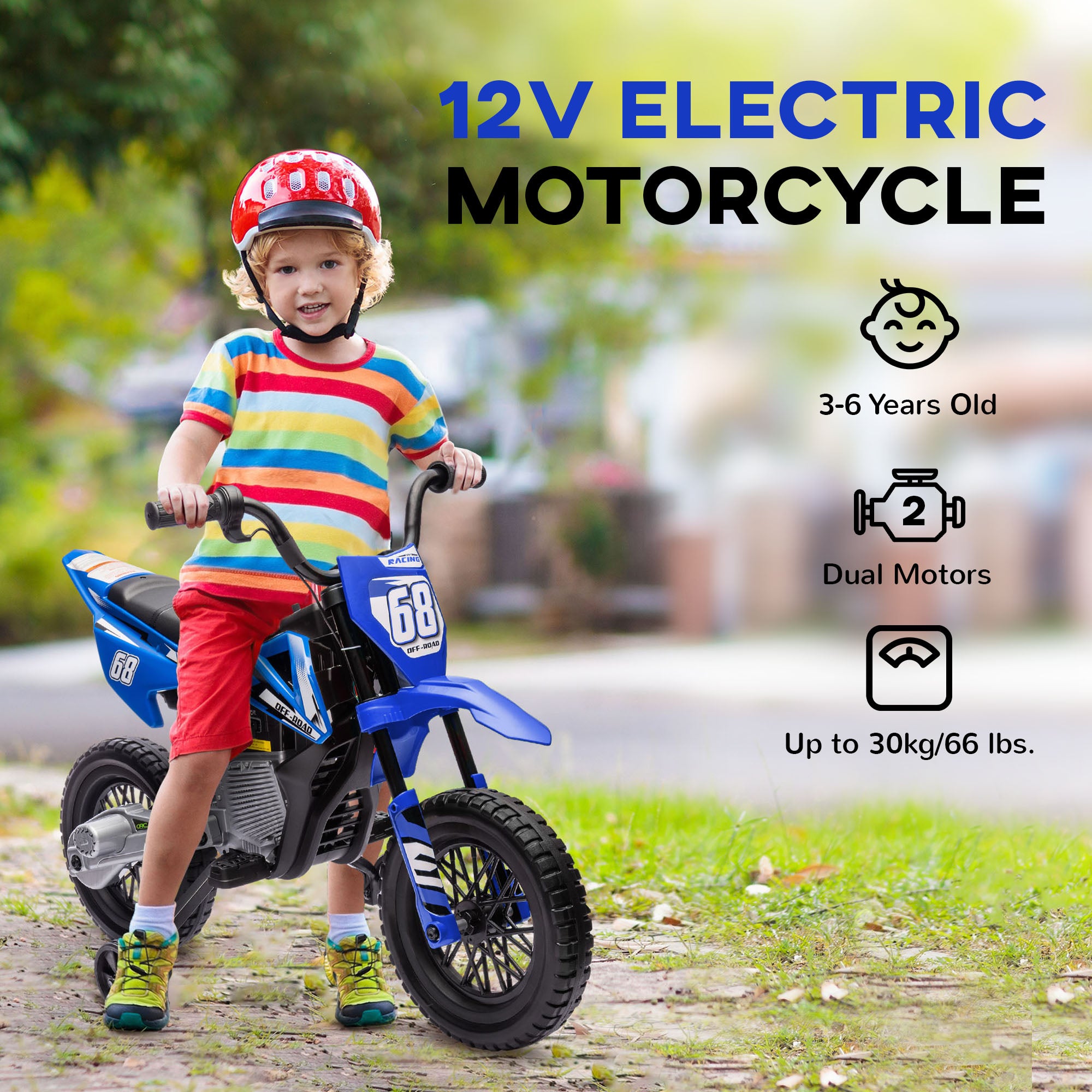 12V Kids Electric Motorcycle w/ Twist Grip Throttle, Training Wheels, Rear Suspension & Music, Blue