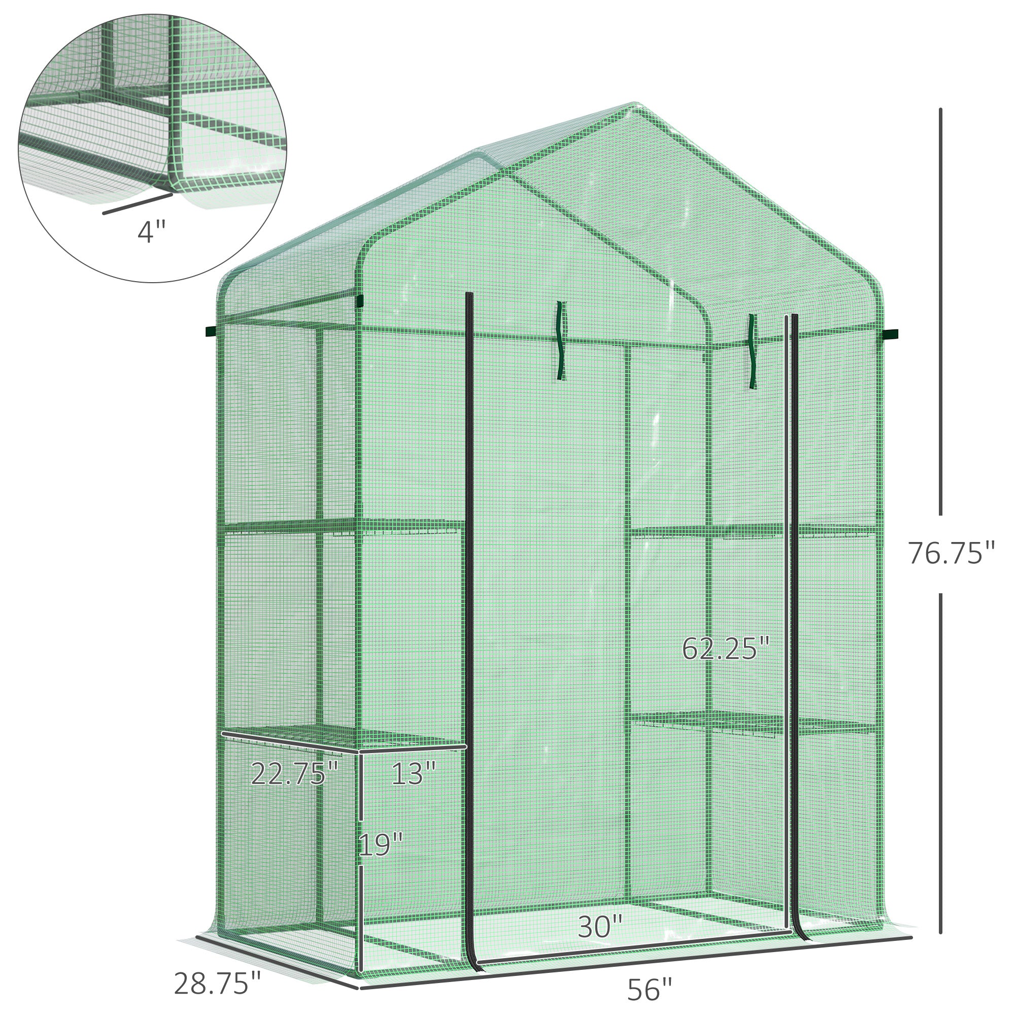 56" x 29" x 77" Walk-in Greenhouse, Garden Hot House with 3 Tier Shleves, Roll-Up Door and PE Cover, Green - Green - Image 3