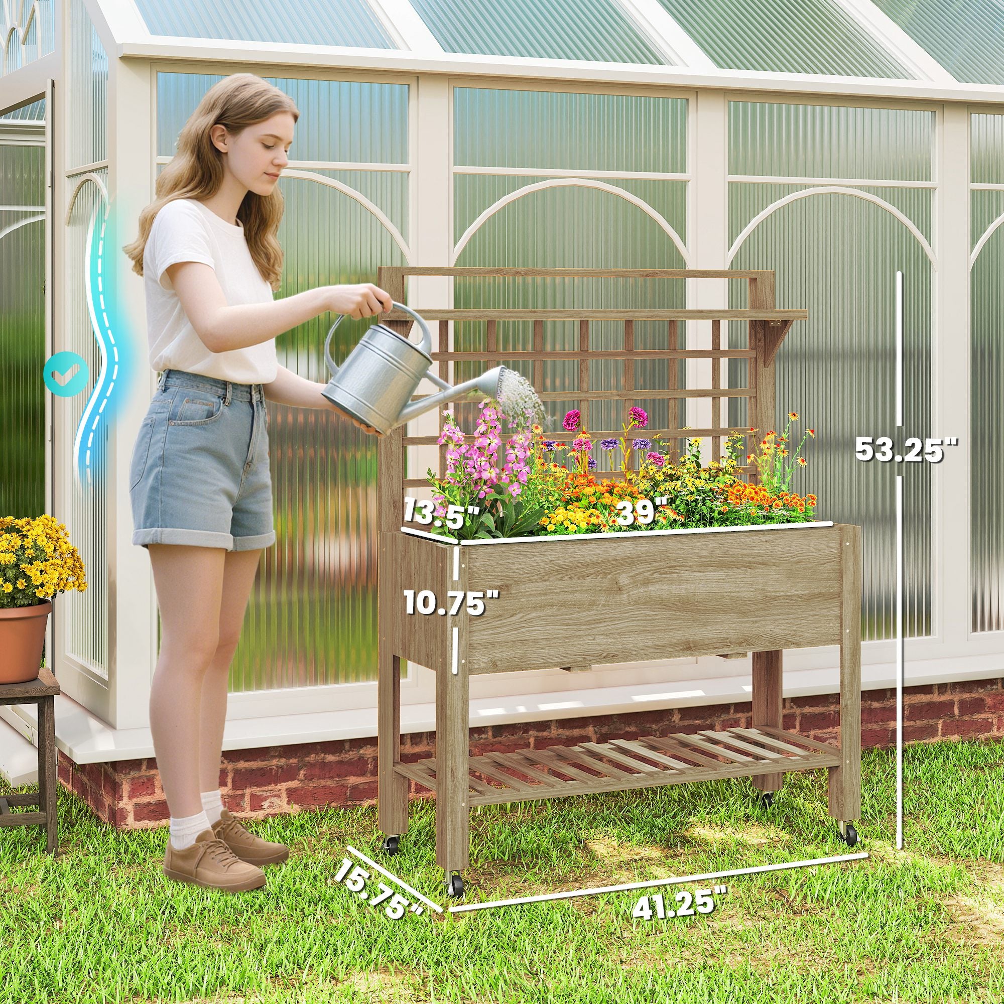 41" Raised Garden Bed Mobile Elevated Wooden Planter Box Stand with Wheels, Trellis and Storage Shelf, Dark Brown - Coffee - Image 3