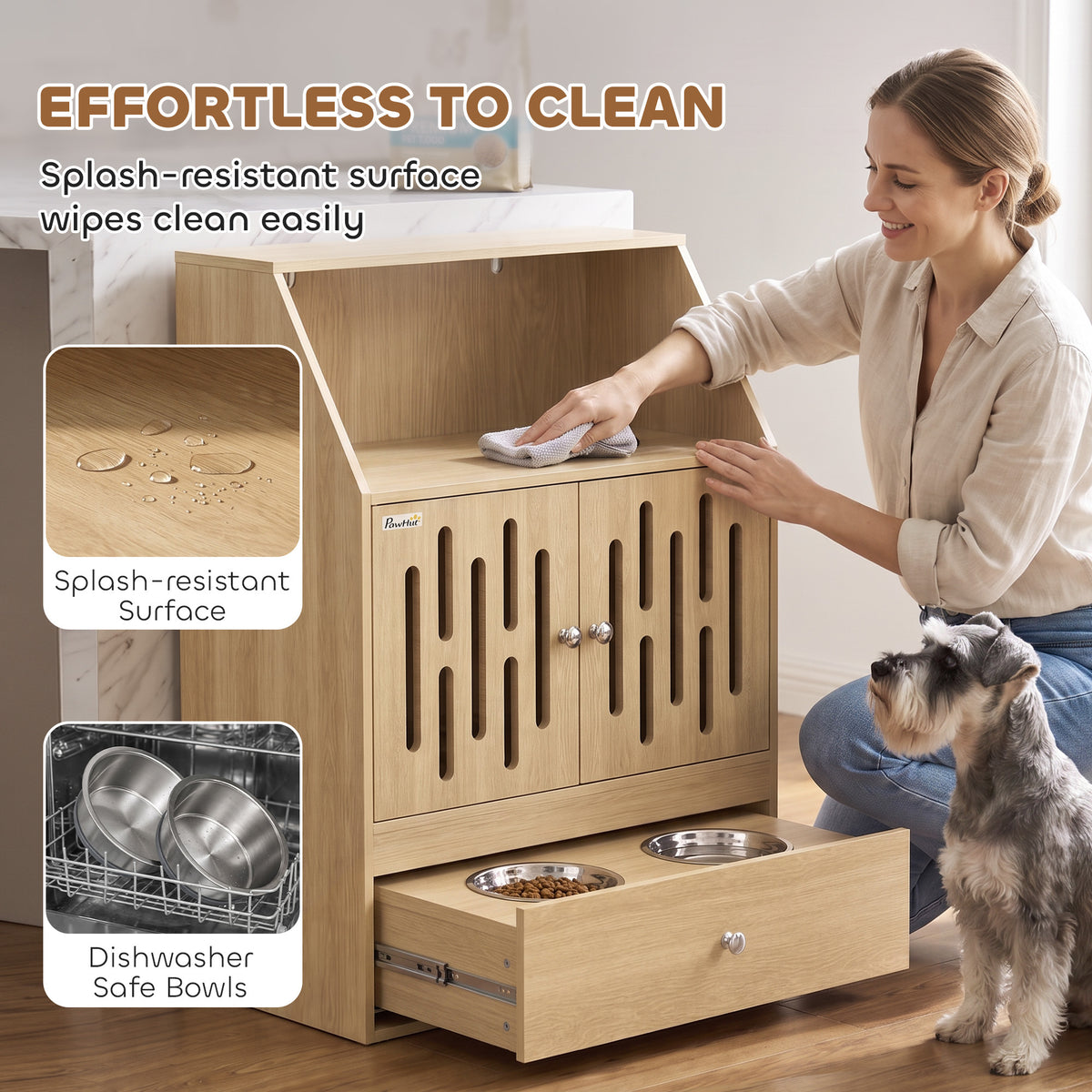 Dog Feeding Station, Pet Food Storage Cabinet with 2 Elevated Bowls & Slow-Feed Mat for Dogs & Cats
