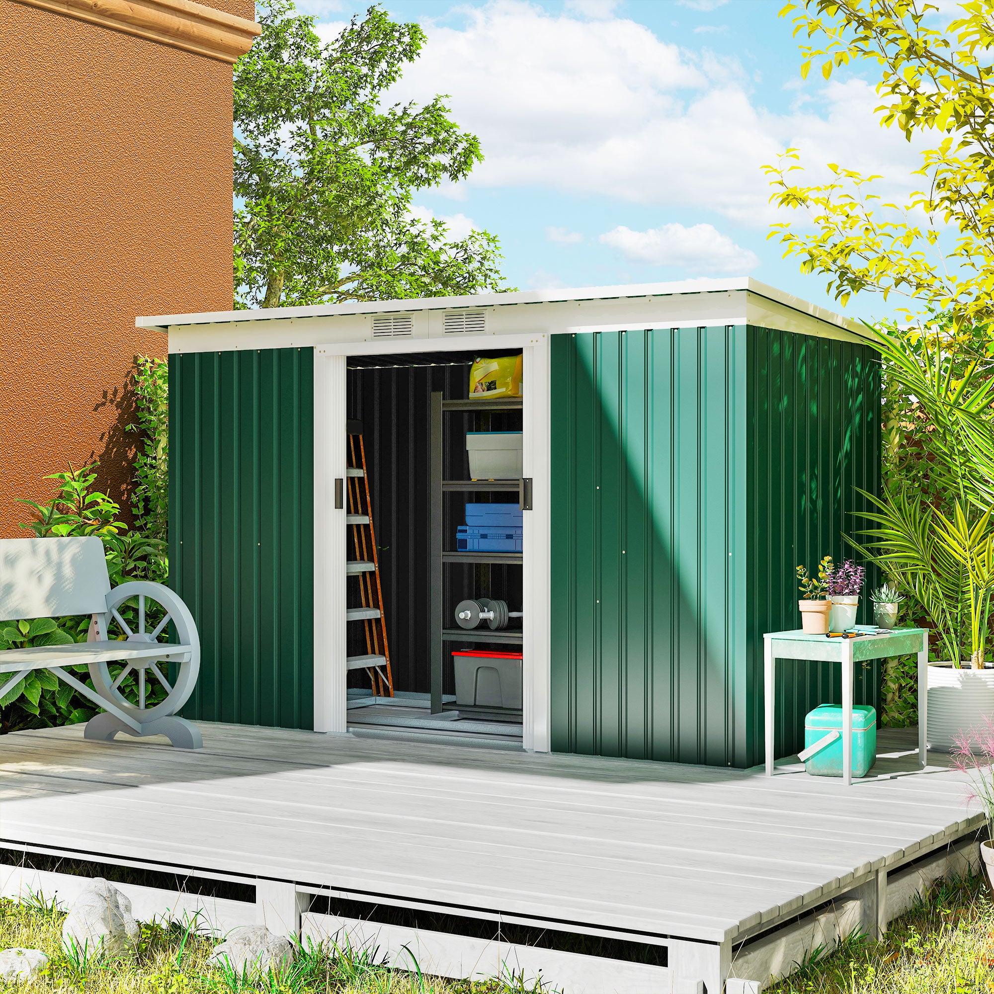 9' x 4' Metal Outdoor Storage Shed, Tool House with Double Lockable Doors for Backyard, Patio, Lawn, Garage, Dark Green - Green - Image 2