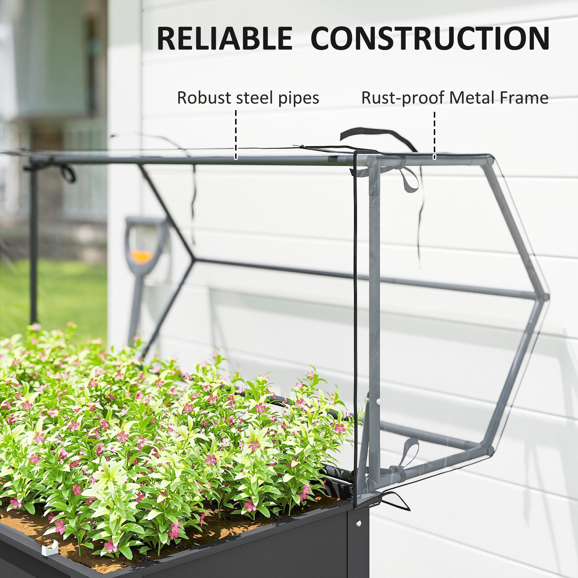 Elevated Garden Box with Greenhouse Cover, Raised Garden Bed with Legs and Drainage Hole for Vegetables, Dark Gray - Dark Gray - Image 7