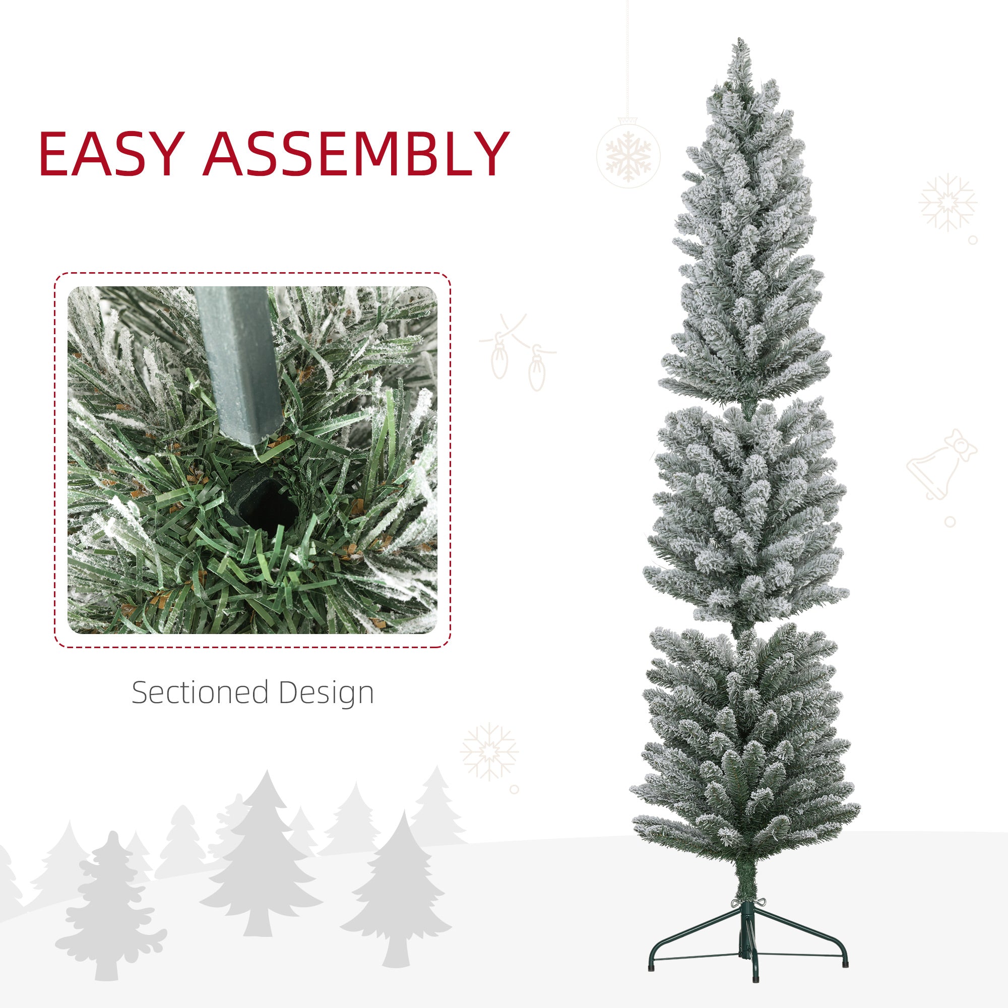 6ft Artificial Christmas Tree, Snow Flocked Branches, Metal Base, Pencil Xmas Tree