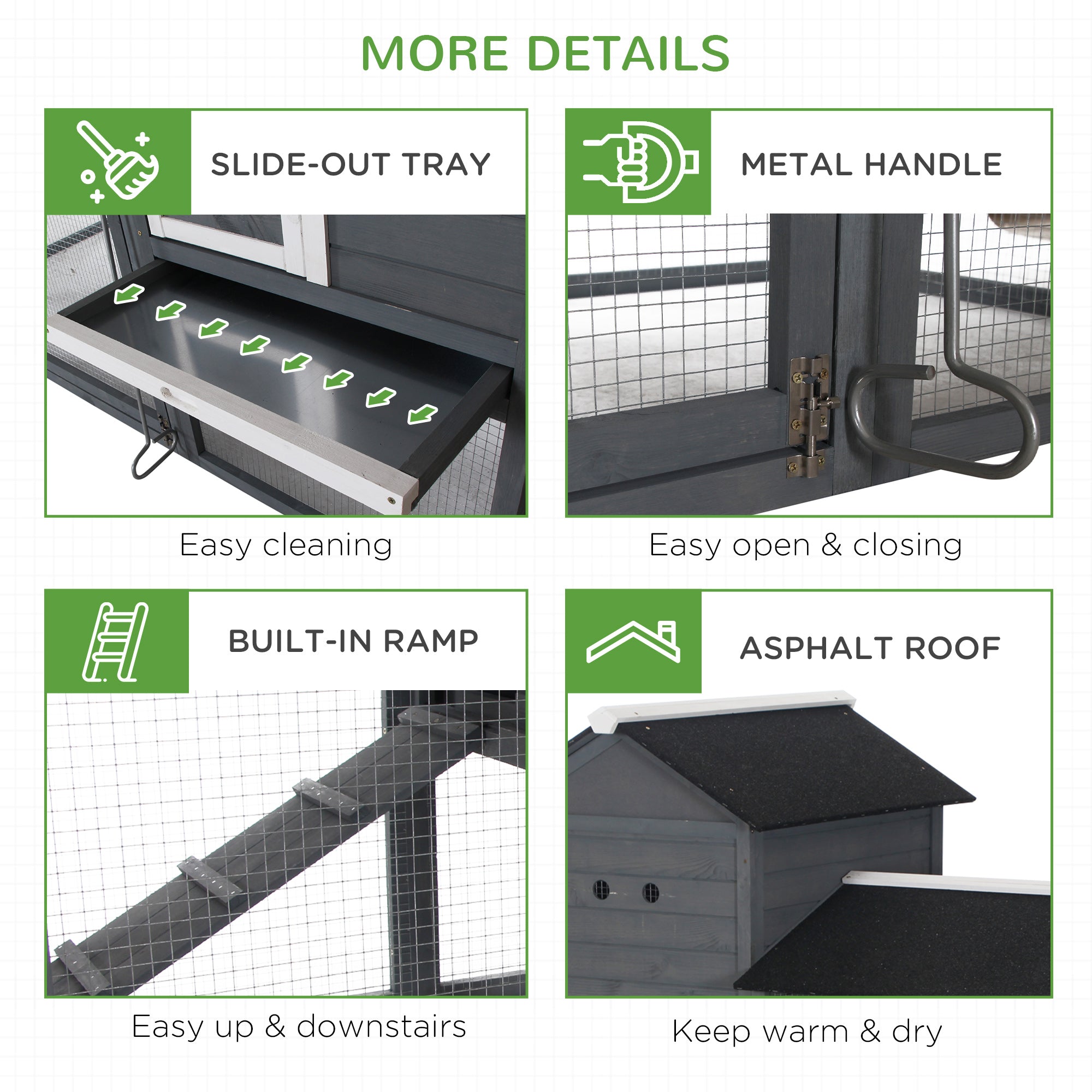 84" Wooden Chicken Coop, Hen House Outdoor with Run Nesting Box, Asphalt Roof, Removable Tray, Ramp, Poultry Cage for 2-3 Chickens, Gray - gray - Image 7