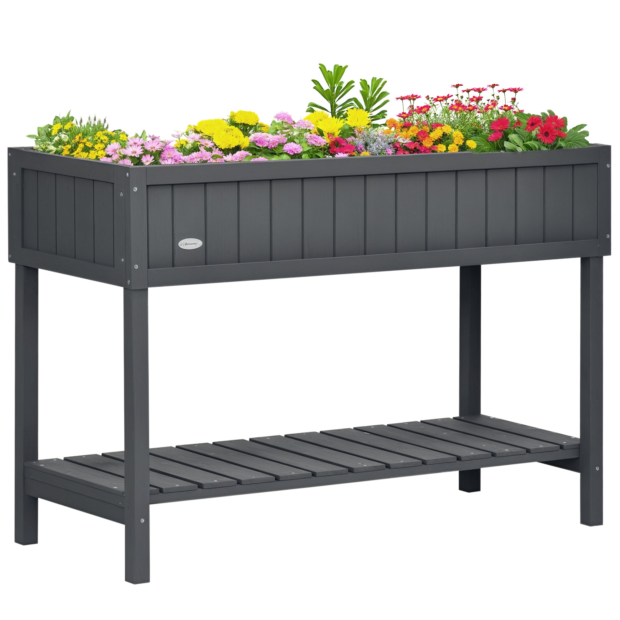 Wooden Raised Garden Bed, Elevated Planter Box Stand with 8 Slots and Open Shelf, Dark Gray - Dark Grey
