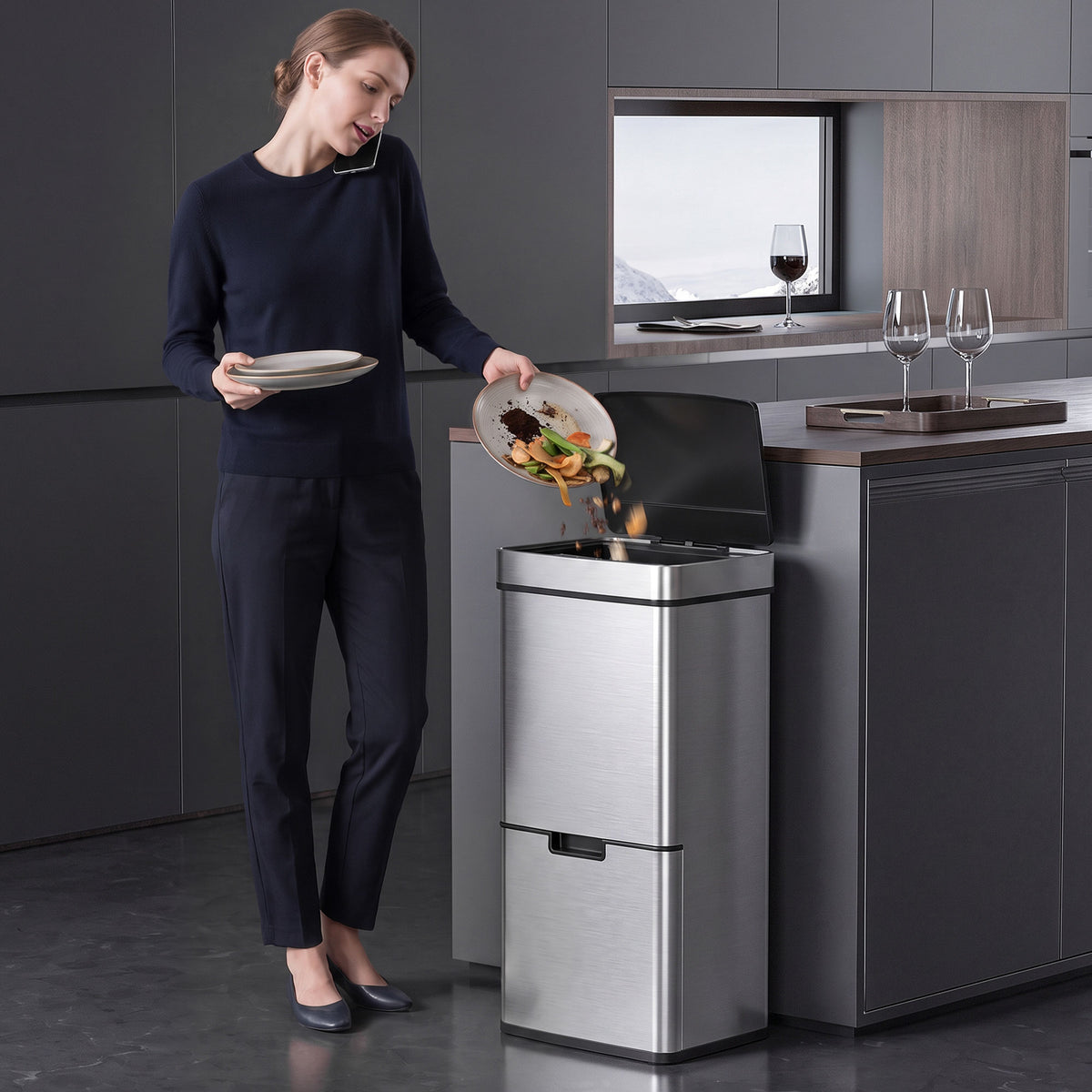 Kitchen Bin 3 Compartments Motion Sensor Trash Can Infrared Lid Stainless Steel 19 Gal Silver
