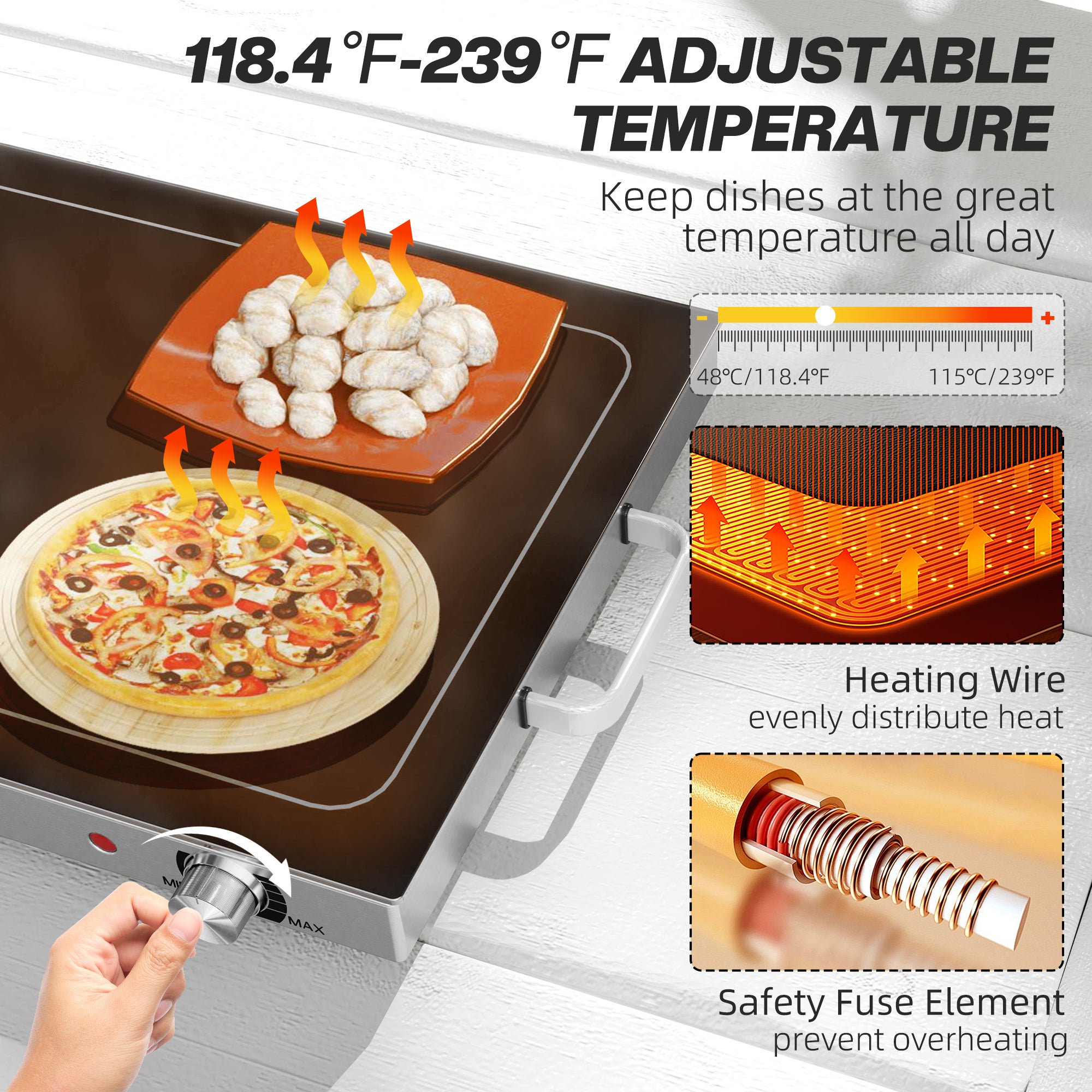 Food Warmer with Adjustable Temperature, Electric Warming Tray with Cool-Touch Handles for Parties, Buffets, Black