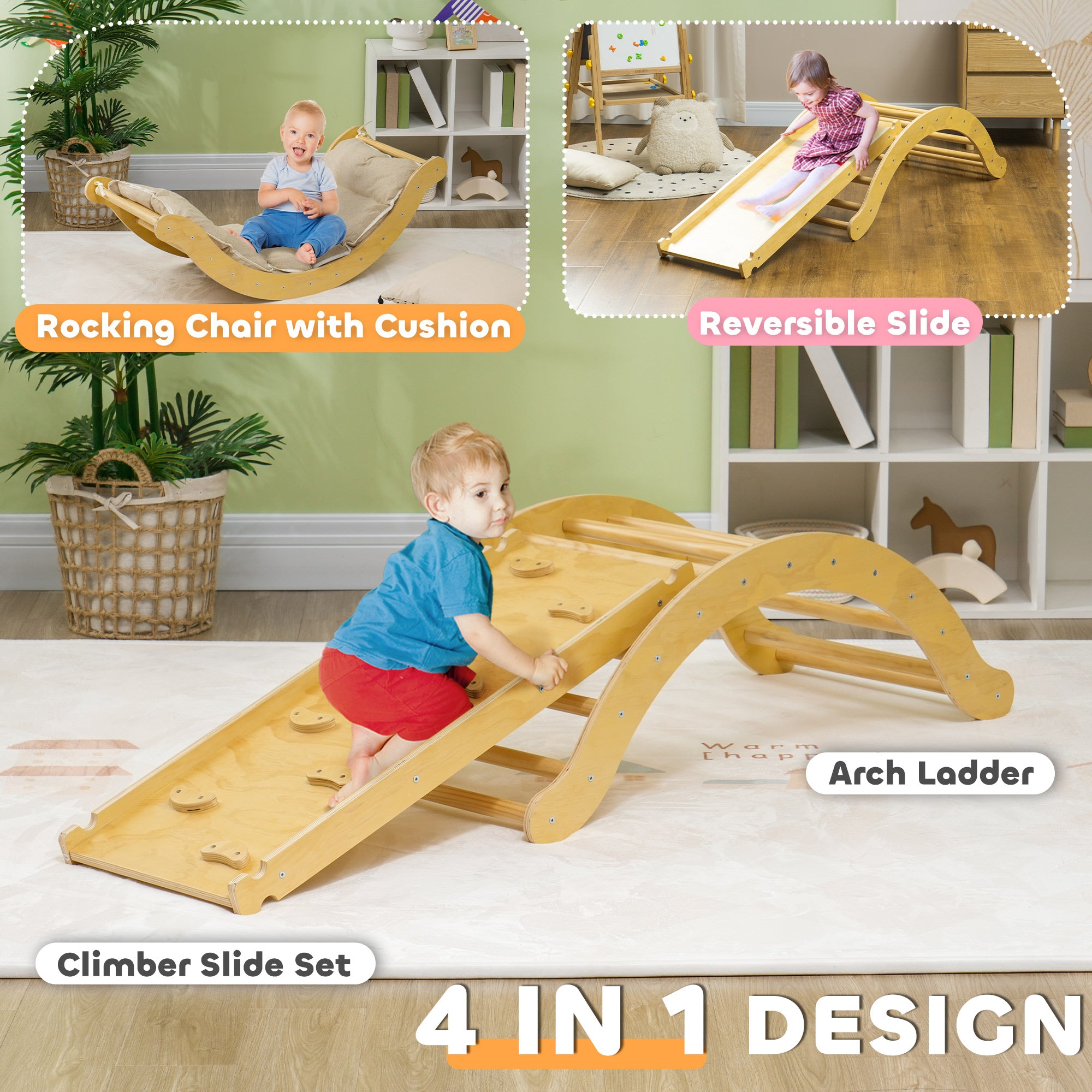 4 In 1 Indoor Toddler Climbing Toy Set with Arch Climber, Ramp & Cushion, Wood