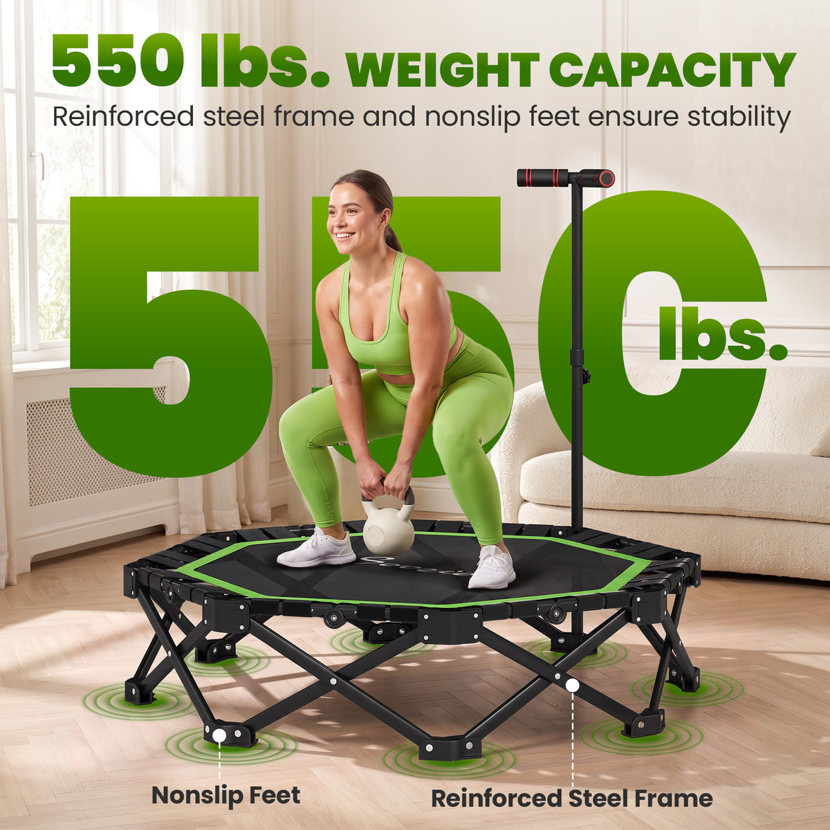 50" Foldable Mini Trampoline for Adults, One-Step Fold & Open, 550LBS Capacity, 3-Level Adjustable Handle, Green