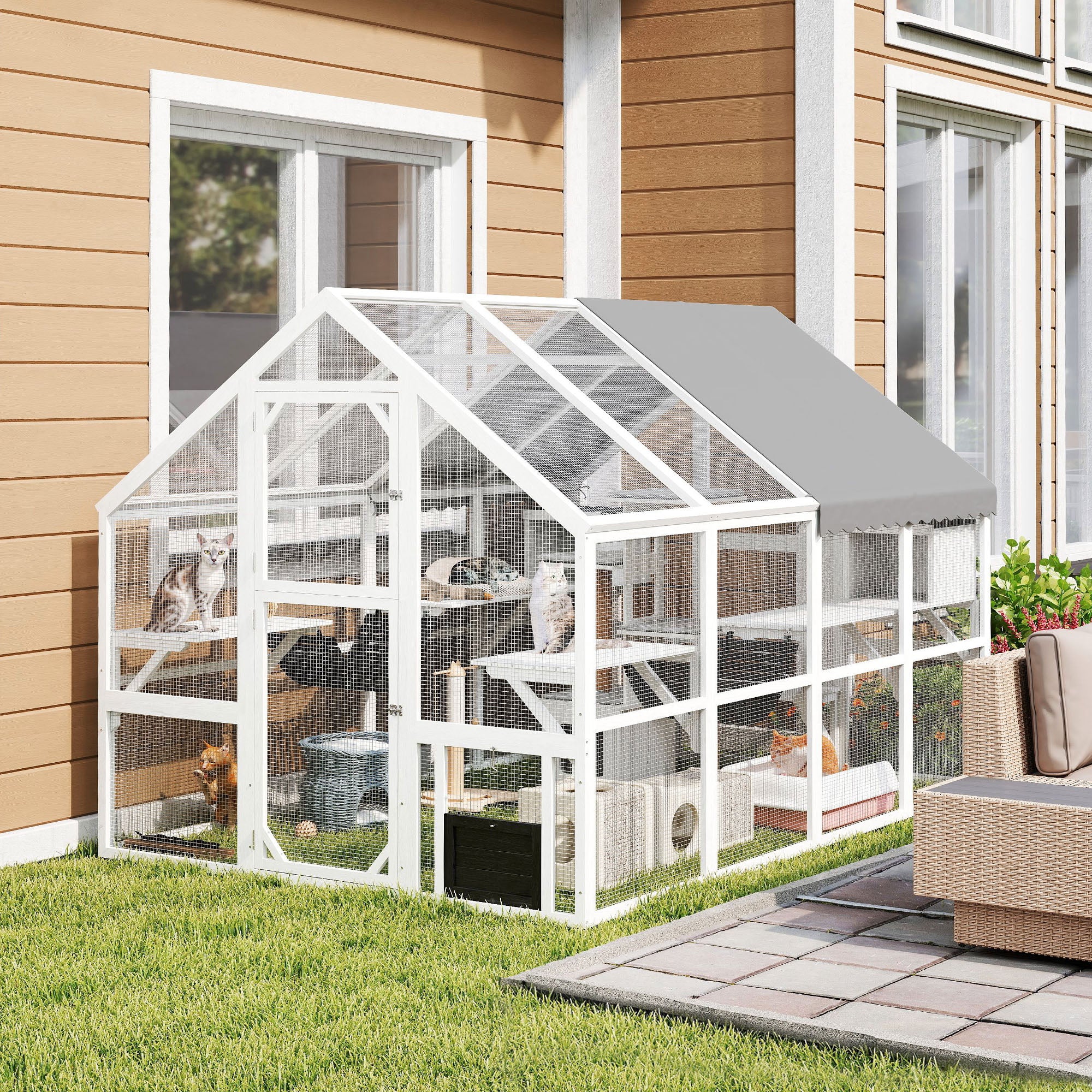 Wooden Catio Outdoor Cat Enclosure with Waterproof Cover, 2 Condos, 6 Platforms, Bridge, Doors, White - White - Image 2