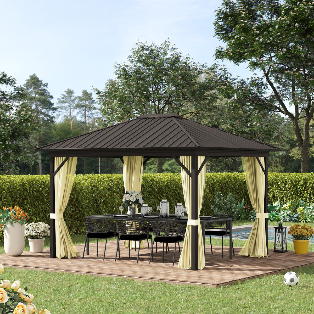 11.9" x 9.8" Hardtop Gazebo with Curtains Netting, Metal Roof Gazebo Canopy with Aluminum Frame and Top Hook, Cream