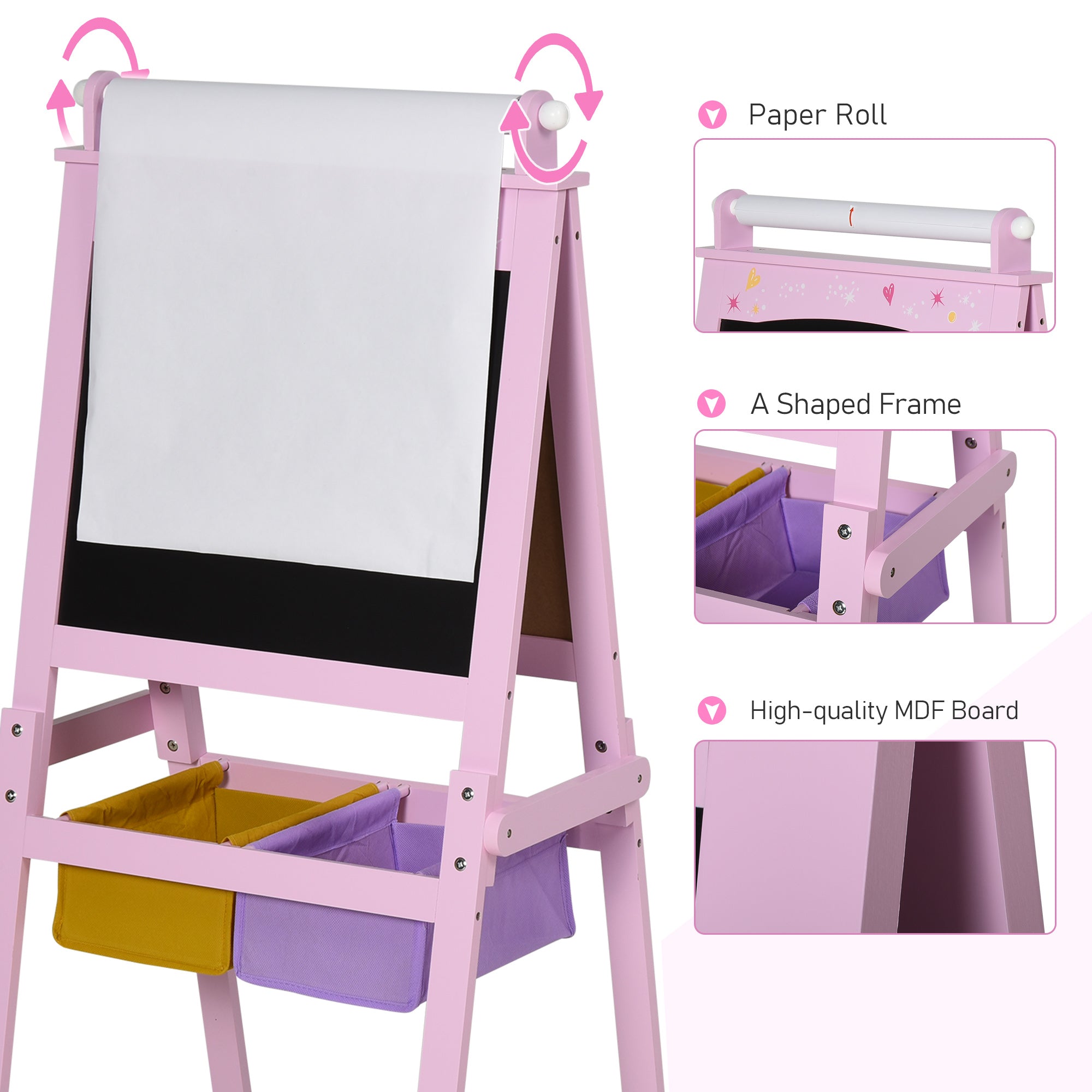 3 In 1 Kids Wooden Art Easel with Paper Roll, Double-Sided, Chalkboard & Whiteboard, Storage Baskets, Pink