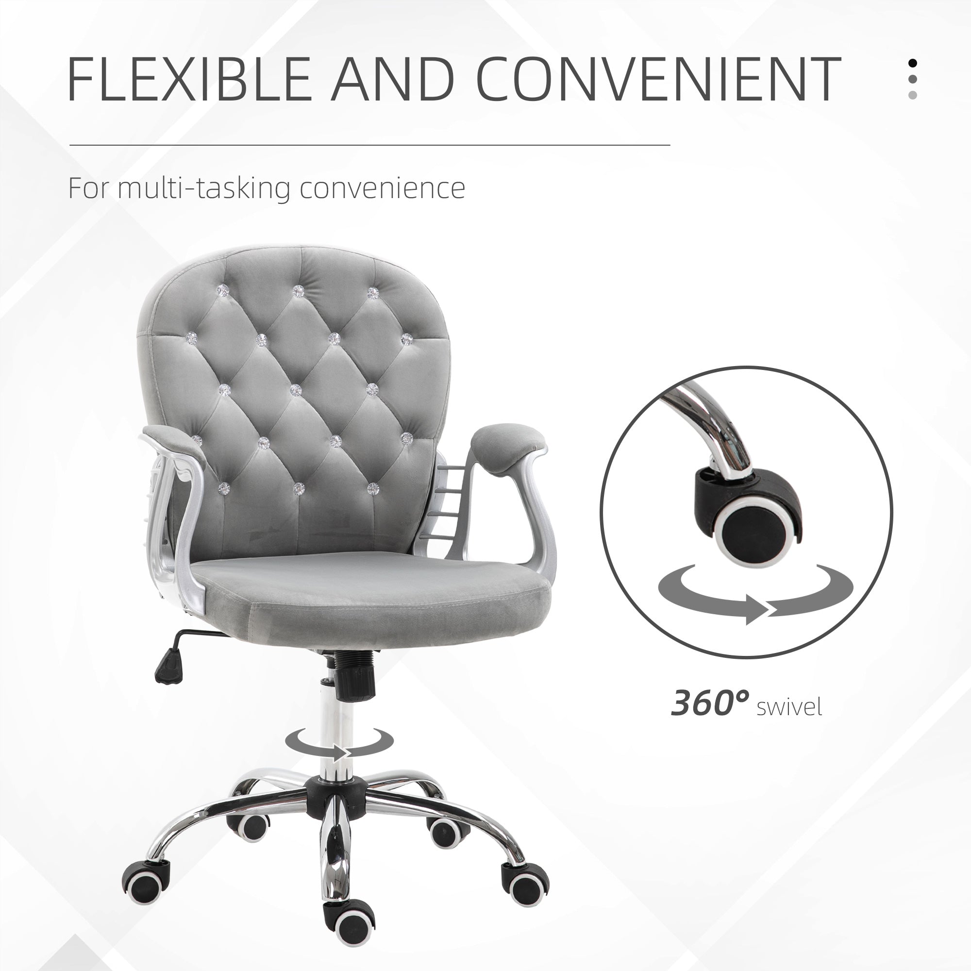 Velvet Home Office Chair, Button Tufted Desk Chair with Padded Armrests, Adjustable Height and Swivel Wheels, Gray