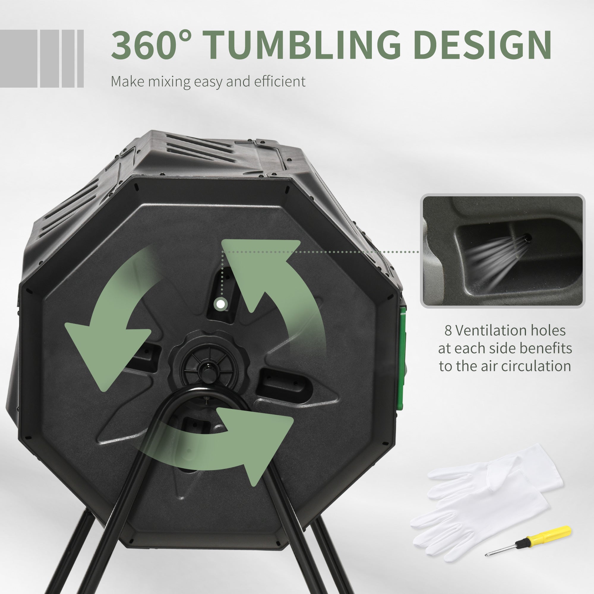Tumbling Compost Bin Outdoor 360° Dual Chamber Rotating Composter 43 Gallon, Green - Green - Image 5