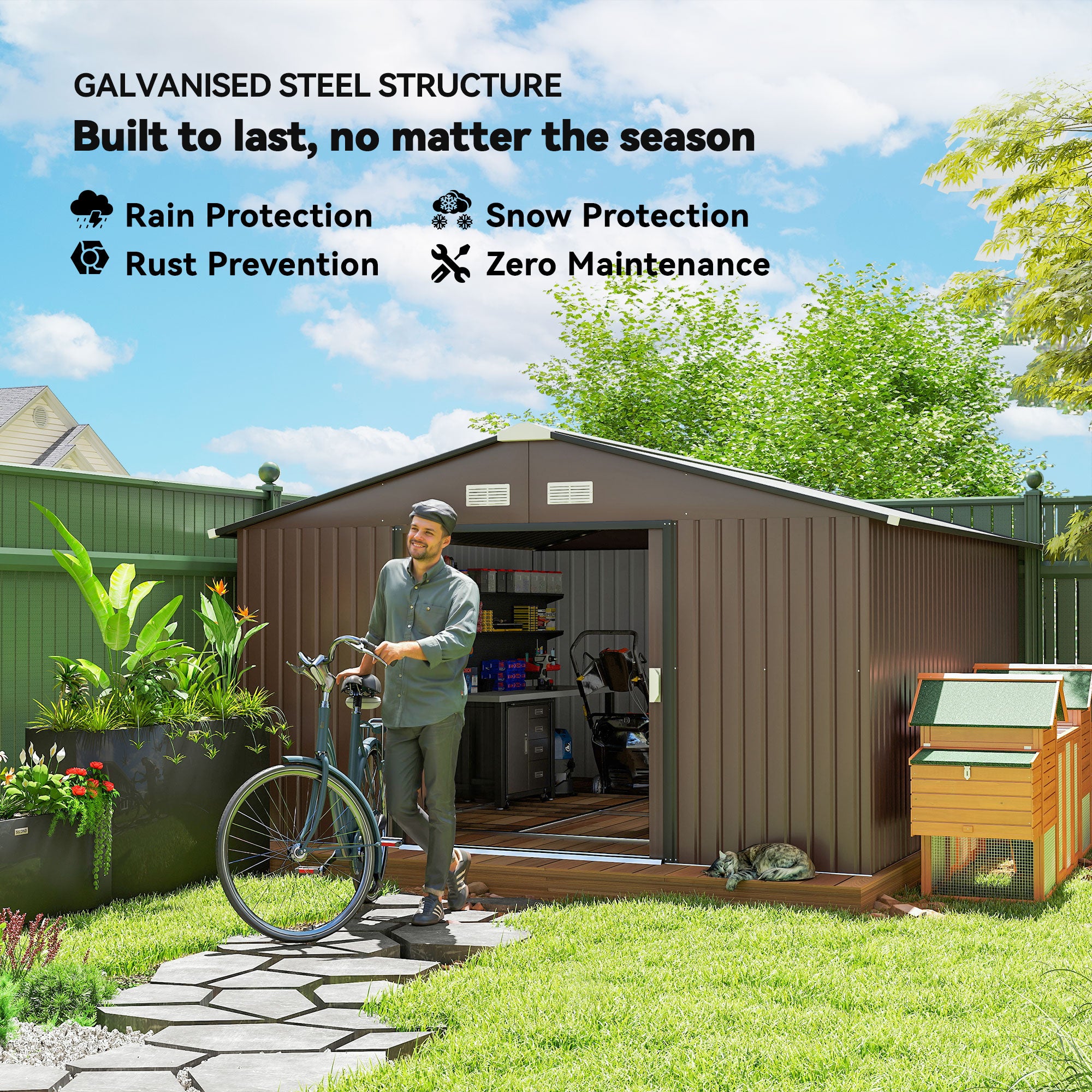 Metal Large Shed with Double Locking Doors Sloped Roof for Garden Tool, Bike Storage, Brown - Brown - Image 4