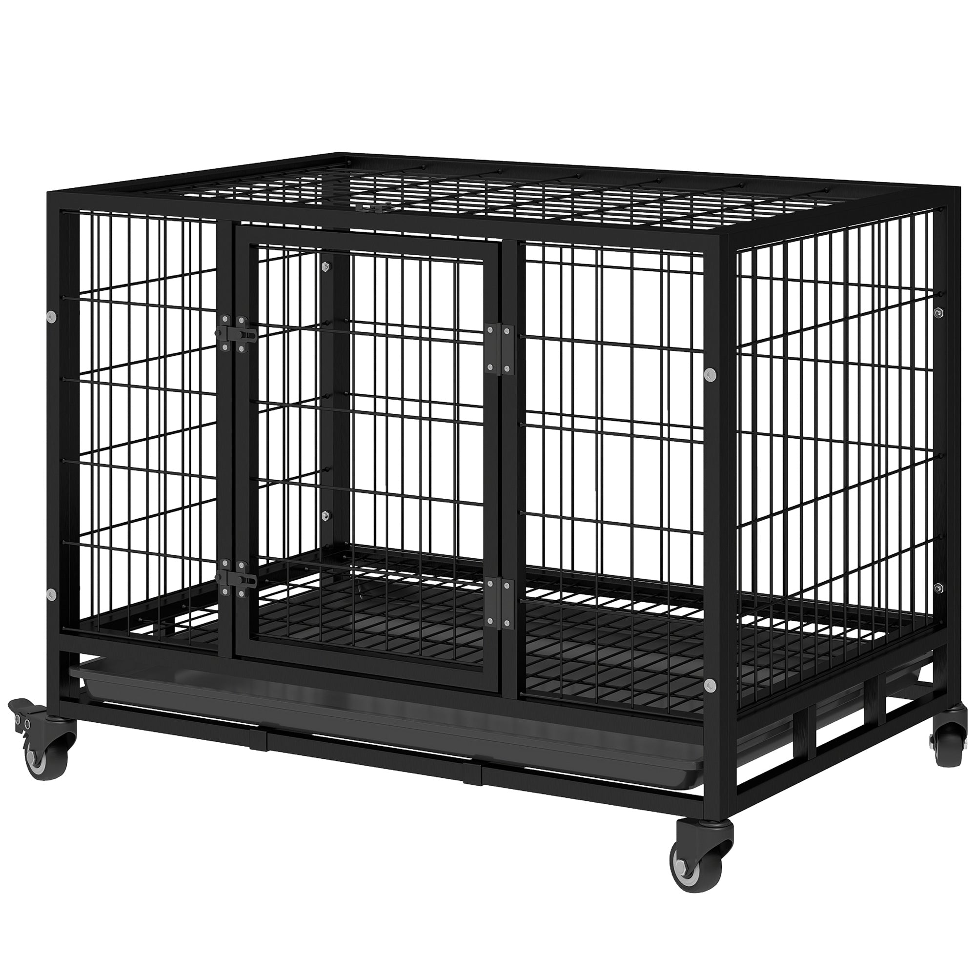 36" Heavy Duty Dog Crate with Removable Tray, Lockable Wheels and Double Door, for Medium and Large Dogs, Black - Black