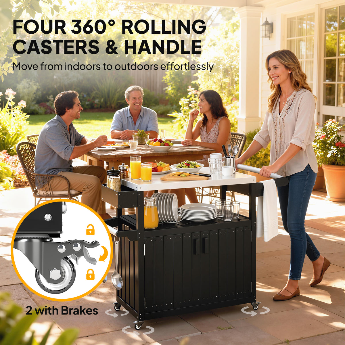 Outdoor Bar Cart with Storage, Stainless Steel Outdoor Bar Table Top, Wheeled HDPE Kitchen Island for Food Prep, Black