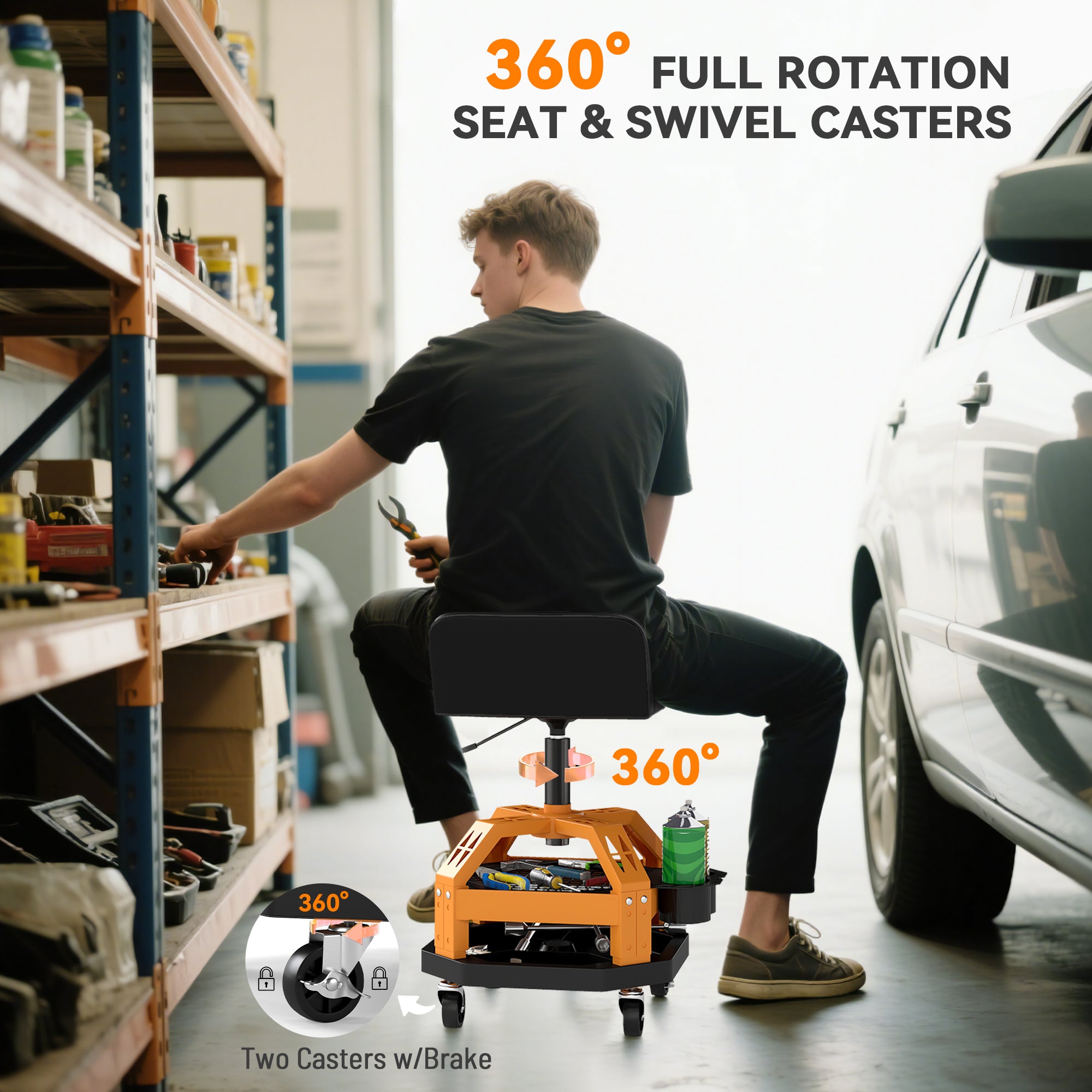 Rolling Creeper Garage Stool, 300 LBS Capacity Mechanic Stool with 360° Wheels, Tool Tray, Adjustable Height, Yellow