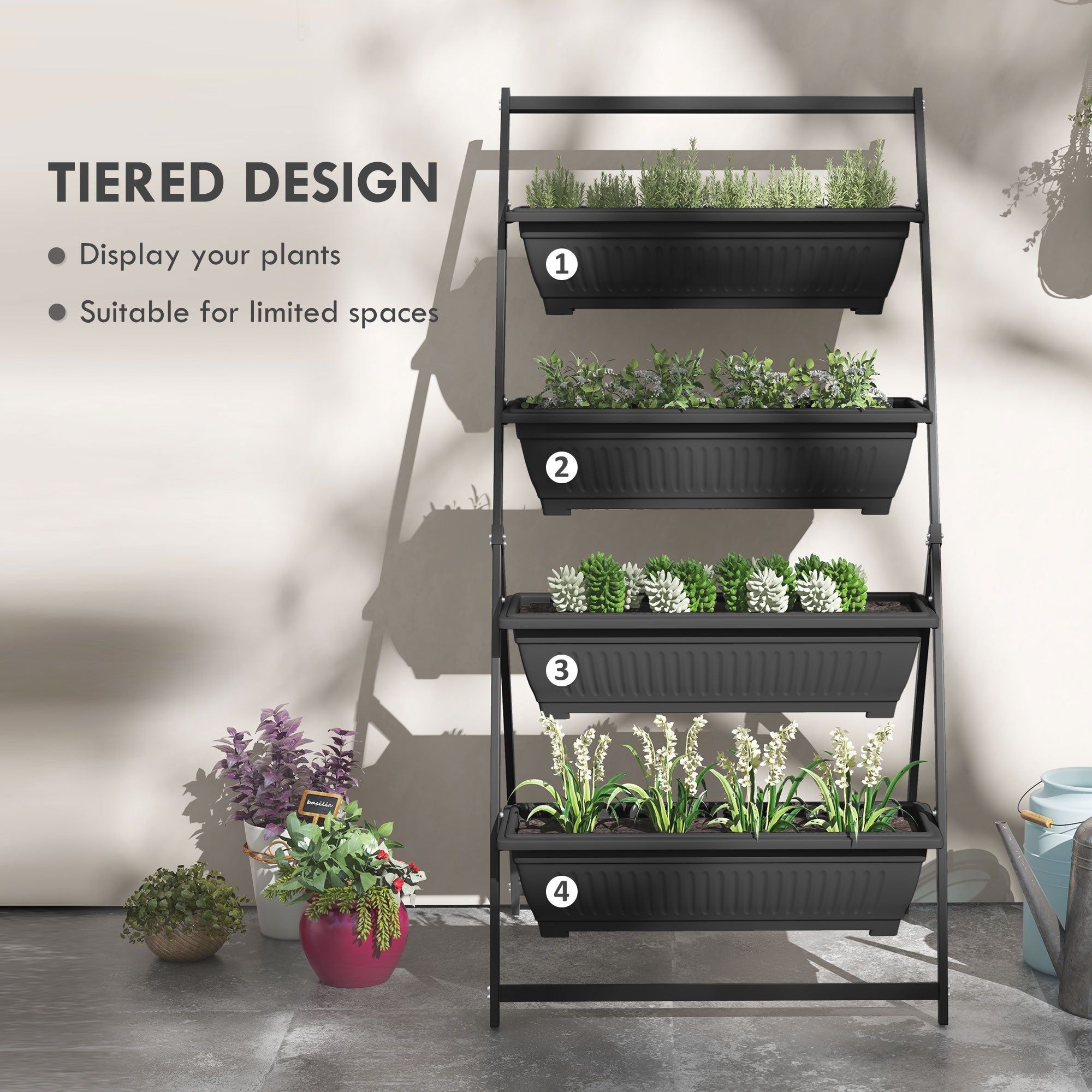 4-Tier Vertical Raised Garden Planter with 4 Boxes, Outdoor Plant Stand Grow Container for Vegetable & Flowers, Black - Black - Image 4