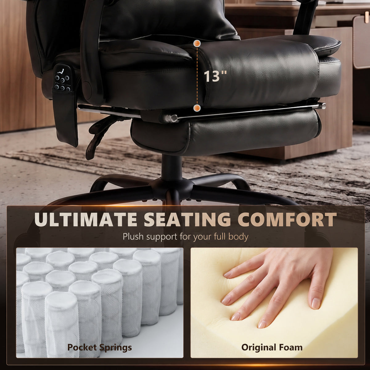High Back Vibration Massage Office Chair, Heated Reclining PU Leather Computer Chair with Headrest, Black