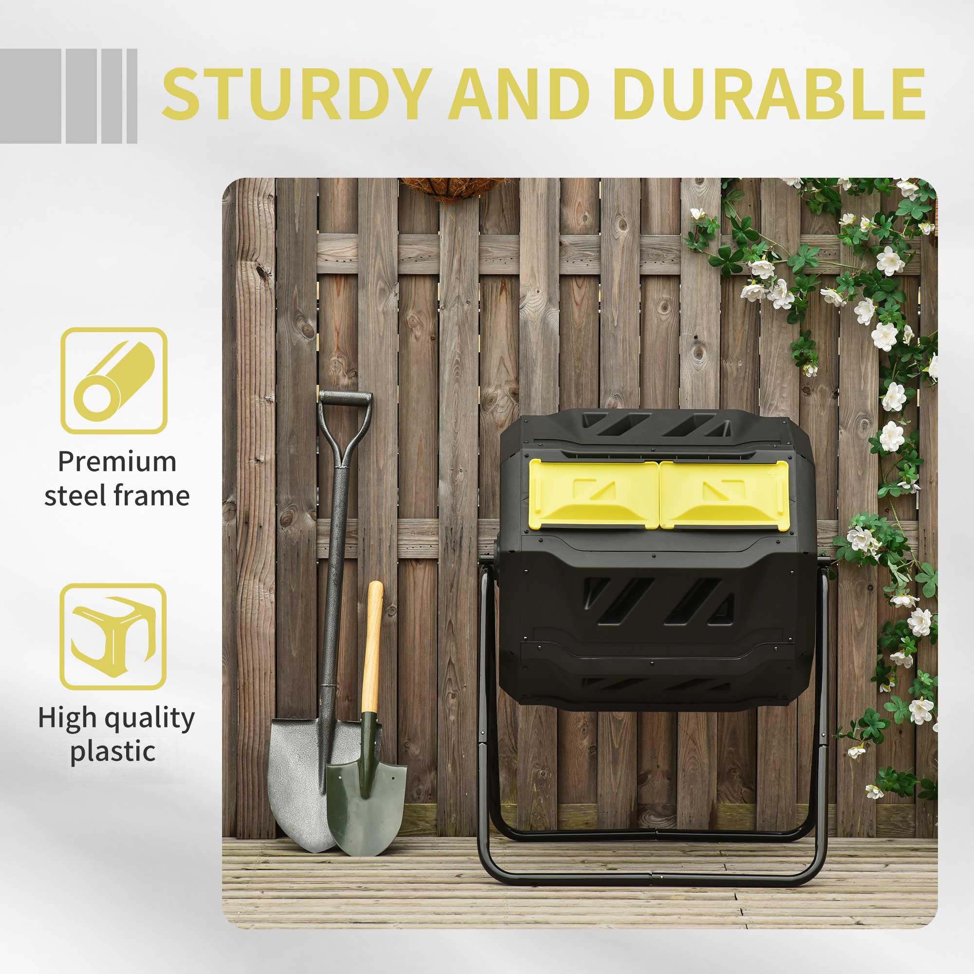 Tumbling Compost Bin Outdoor 360° Dual Chamber Rotating Composter 43 Gallon, Yellow - Yellow - Image 7