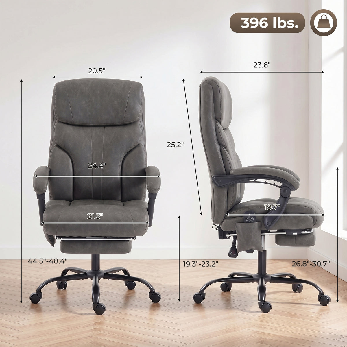 Massage Office Chair Vibration Computer Chair Heated Reclining PU Leather Footrest Height Adjustable Gray