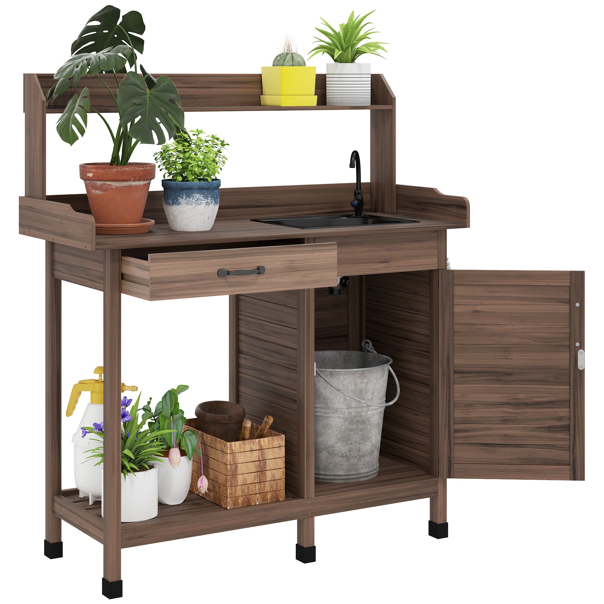 Potting Bench Table with Sink, Outdoor Work Bench Table with Storage Cabinet, Hooks, Removable Sink, Faucet and Drawer for Greenhouse, Garden, Patio, Dark Brown - Brown