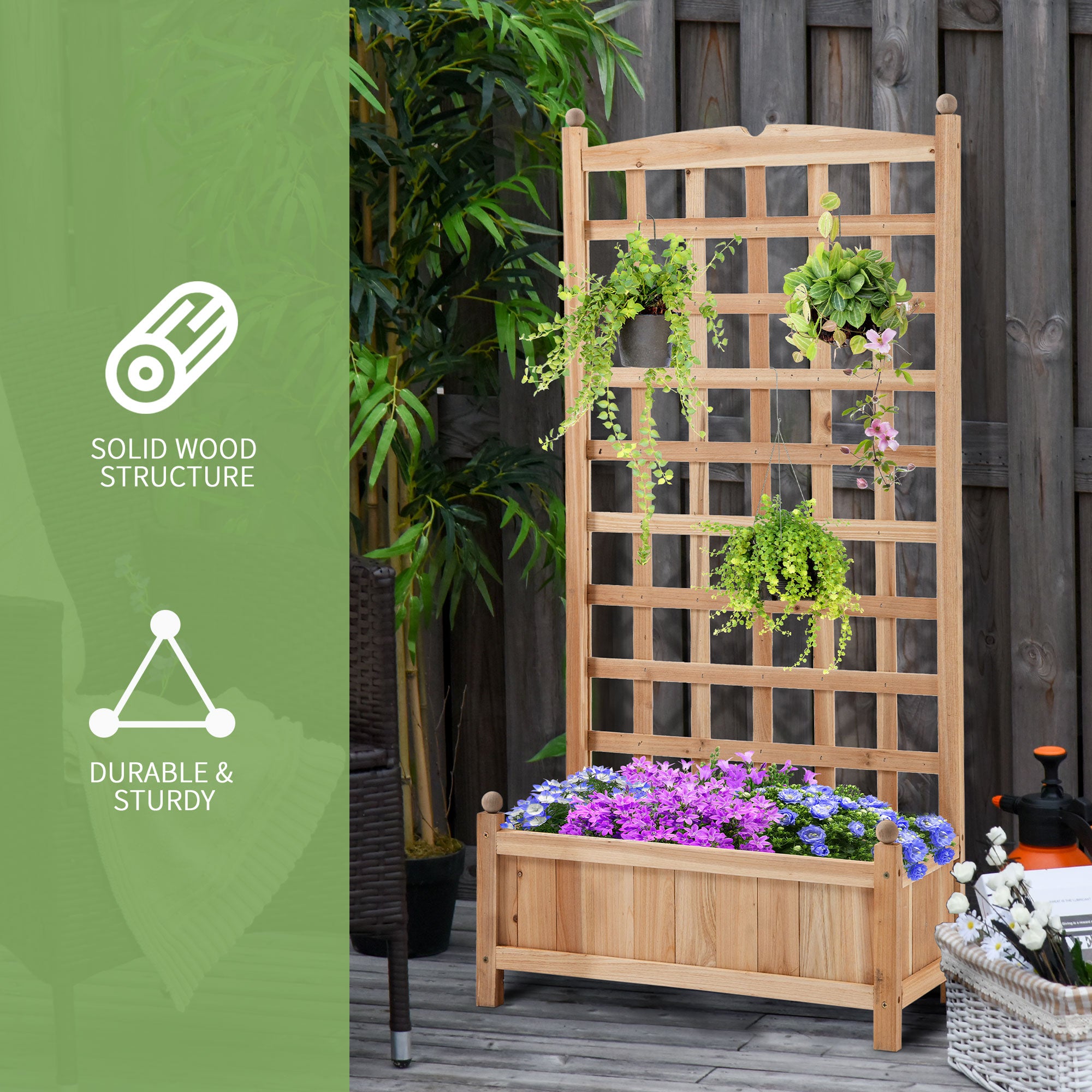 Wooden Raised Garden Bed with Trellis, Outdoor Planter Box with Drainage Crevices for Climbing Vine Plants Flowers, 24" x 12" x 49" - Natural - Image 7