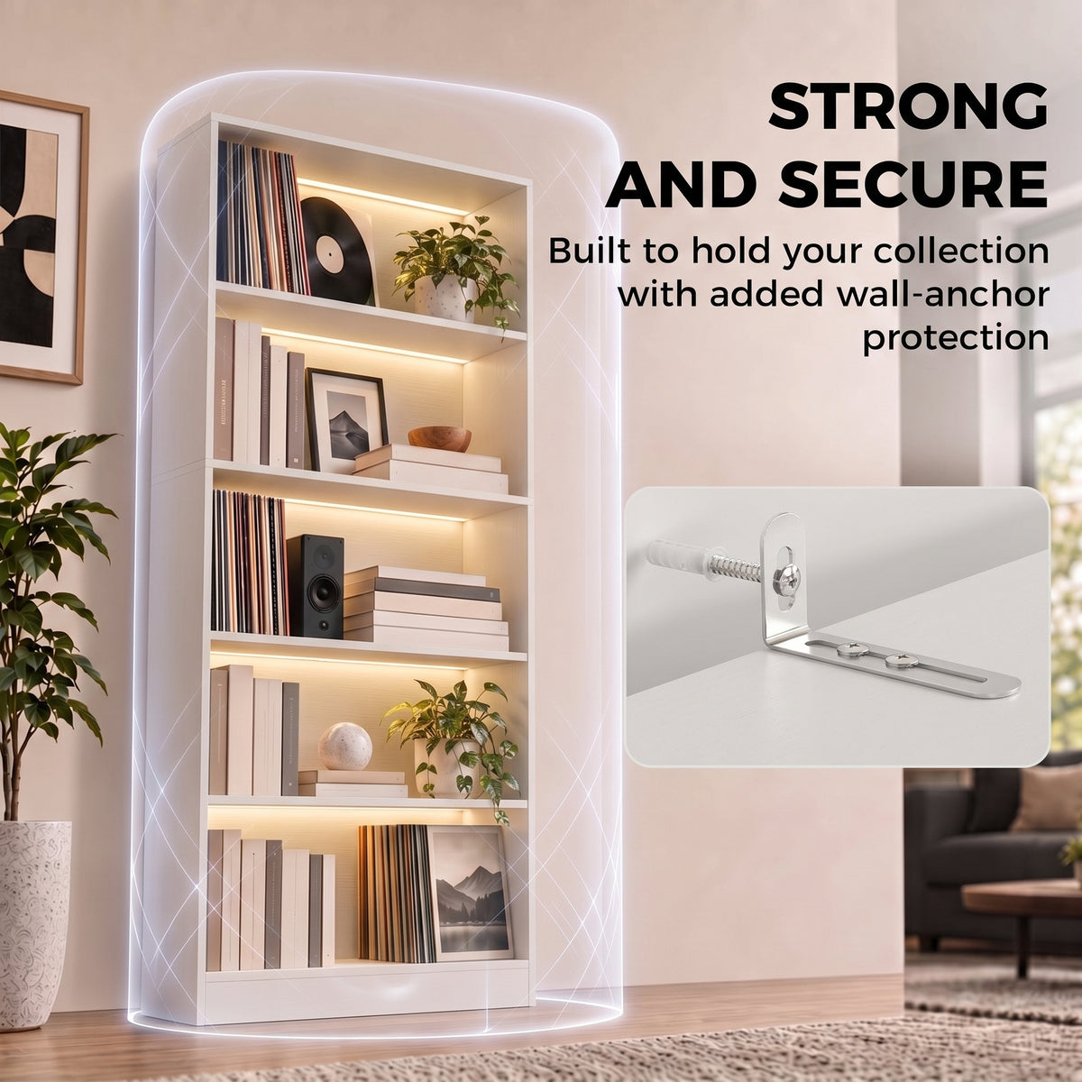 Bookshelf with LED Lights, 5-Tier Bookcase, Cable Holes, for Living Room, Study, White Wood Grain