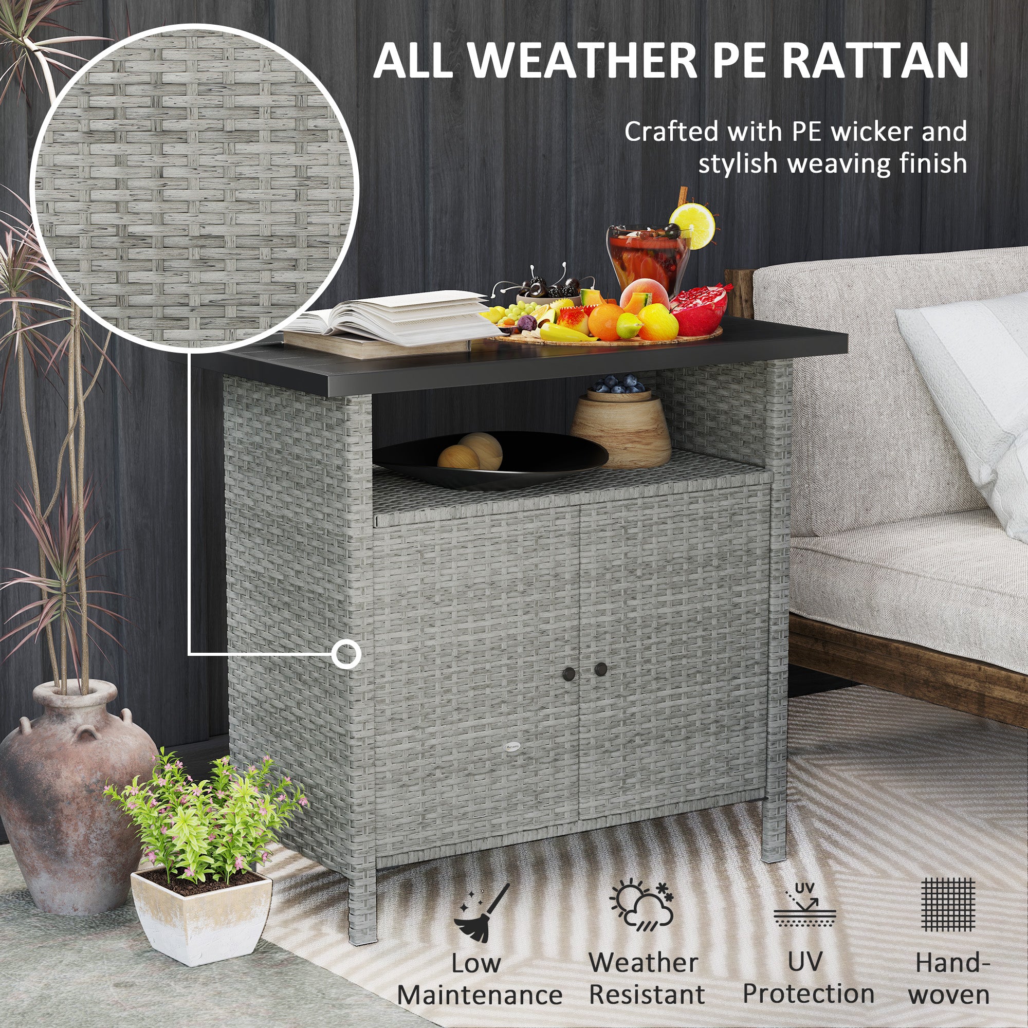 Wicker Outdoor Storage Cabinet with Two Doors and Shelf for Outdoor Pool Towel Storage, Gray - Gray - Image 5