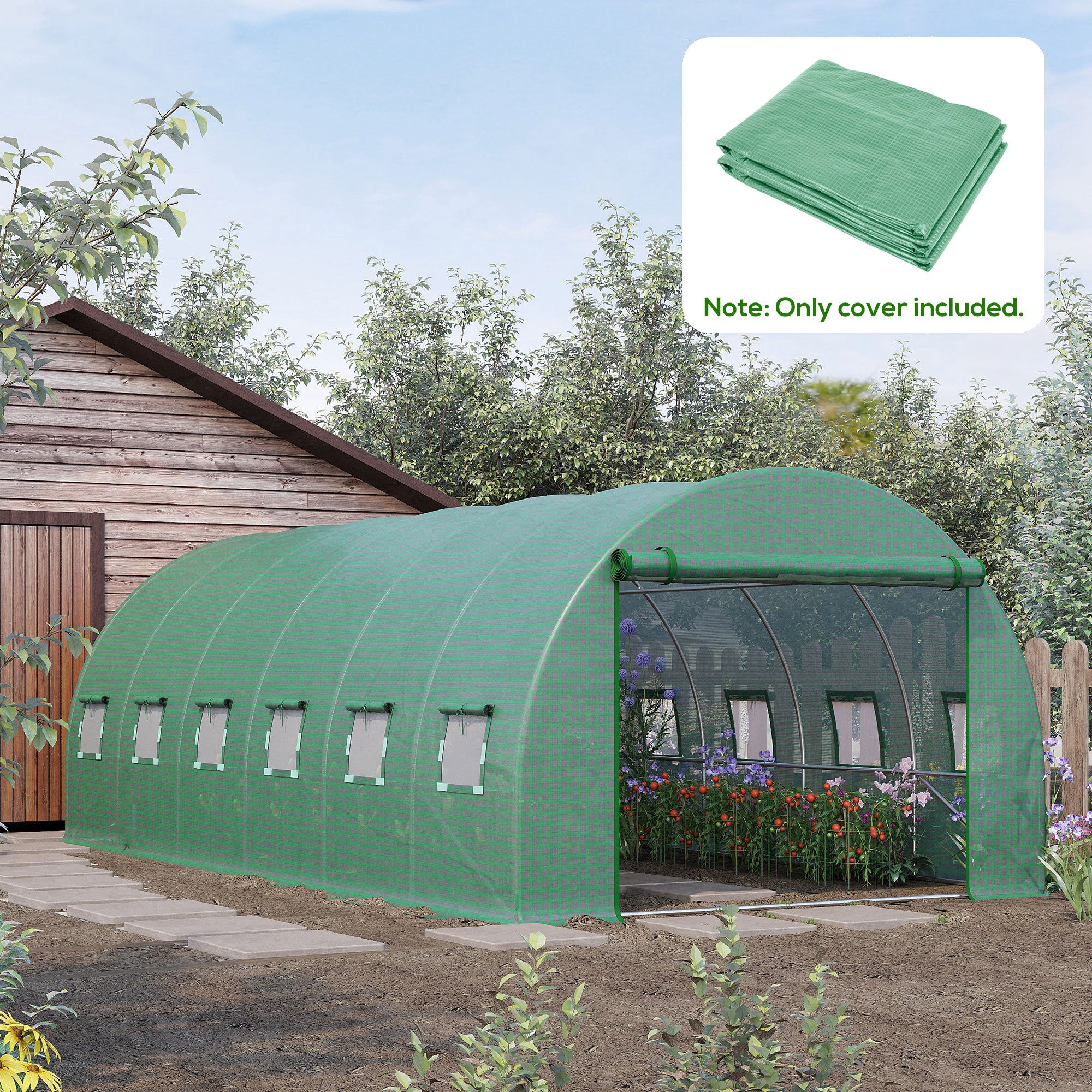 19.7' x 9.8' x 6.6' Plastic Greenhouse Cover Replacement, Heavy Duty Waterproof Tarp for Hoop House, Sheeting with 12 Windows, Door & Reinforcement Grid, Green - Green - Image 3