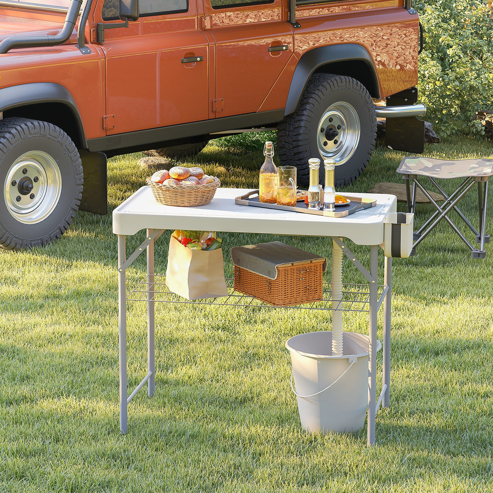Folding Fish Cleaning Table with Sinks, Portable Camping Sink Table with Faucet, Drainage Hose, Sprayer, Shelf, Drawer and Storage Basket, Outdoor Fillet Table for Picnic Beach Patio, White