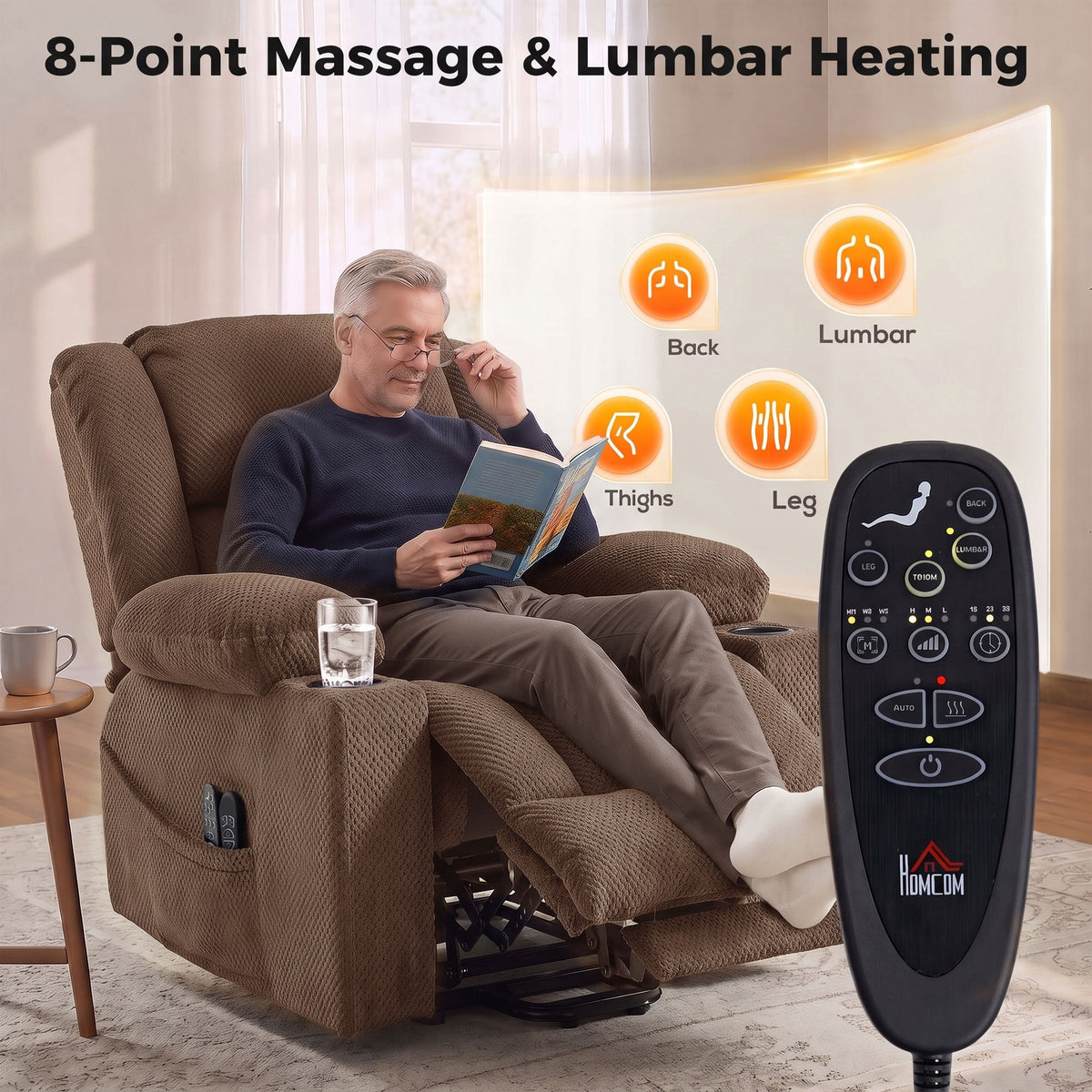 Dual Motor Power Lift Recliner Chair with Massage and Heat for Elderly, 180° Flat Recline, Wide Seat, Dark Brown