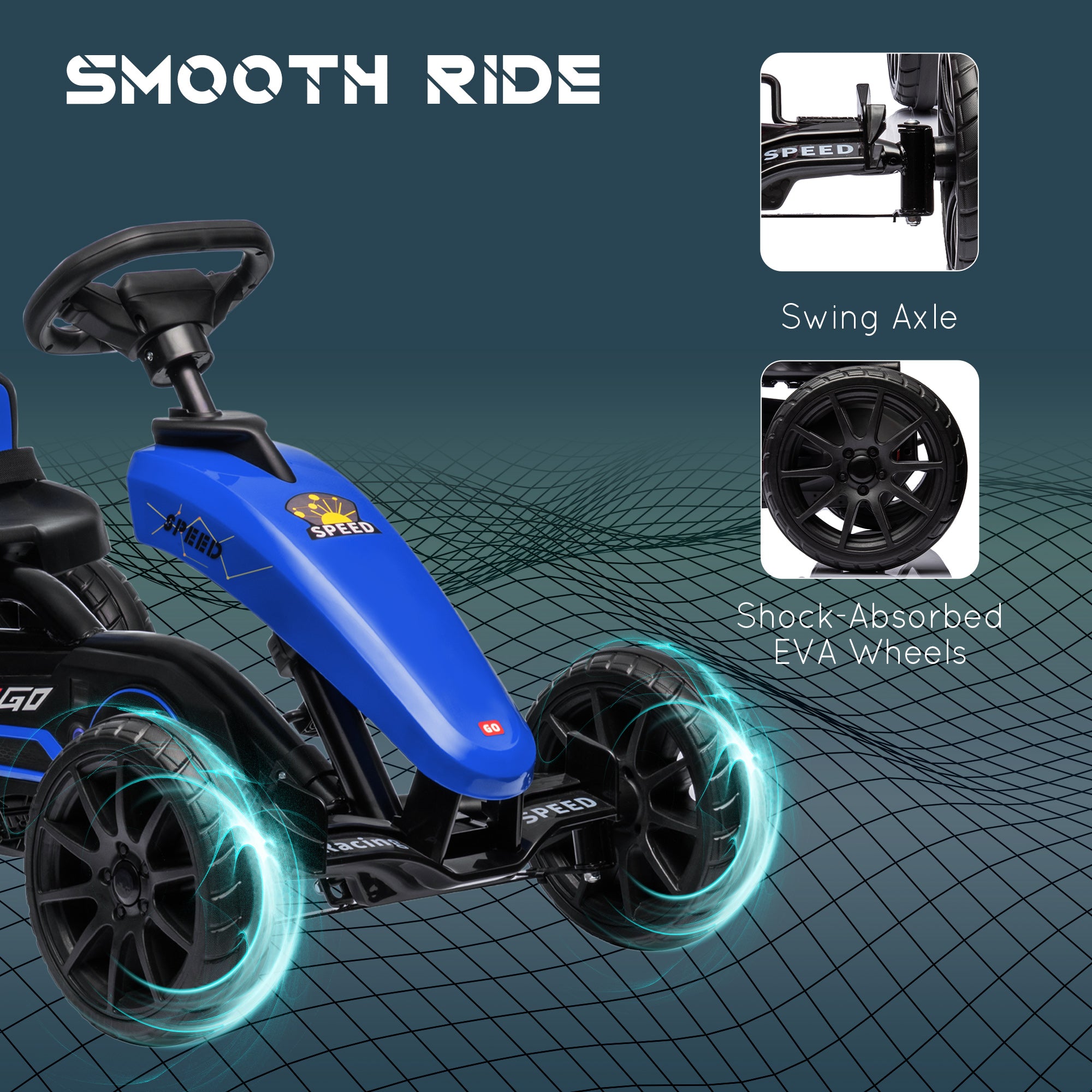 Kids Pedal Go Kart w/ Swing Axle, Shock-Absorbing Wheels, Blue