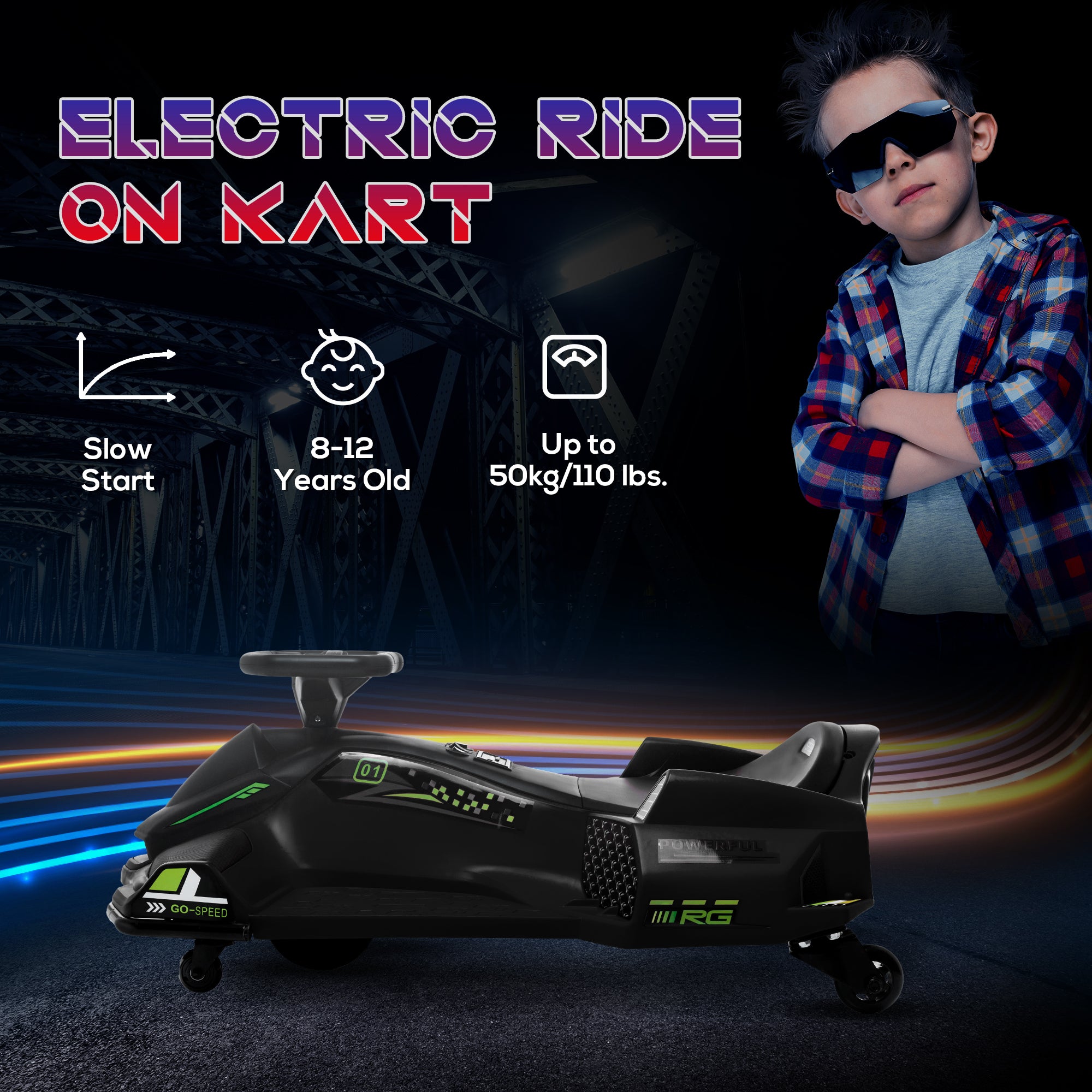 12V Electric Drifting Go Kart w/ Slow Start, Music, Lights, Black