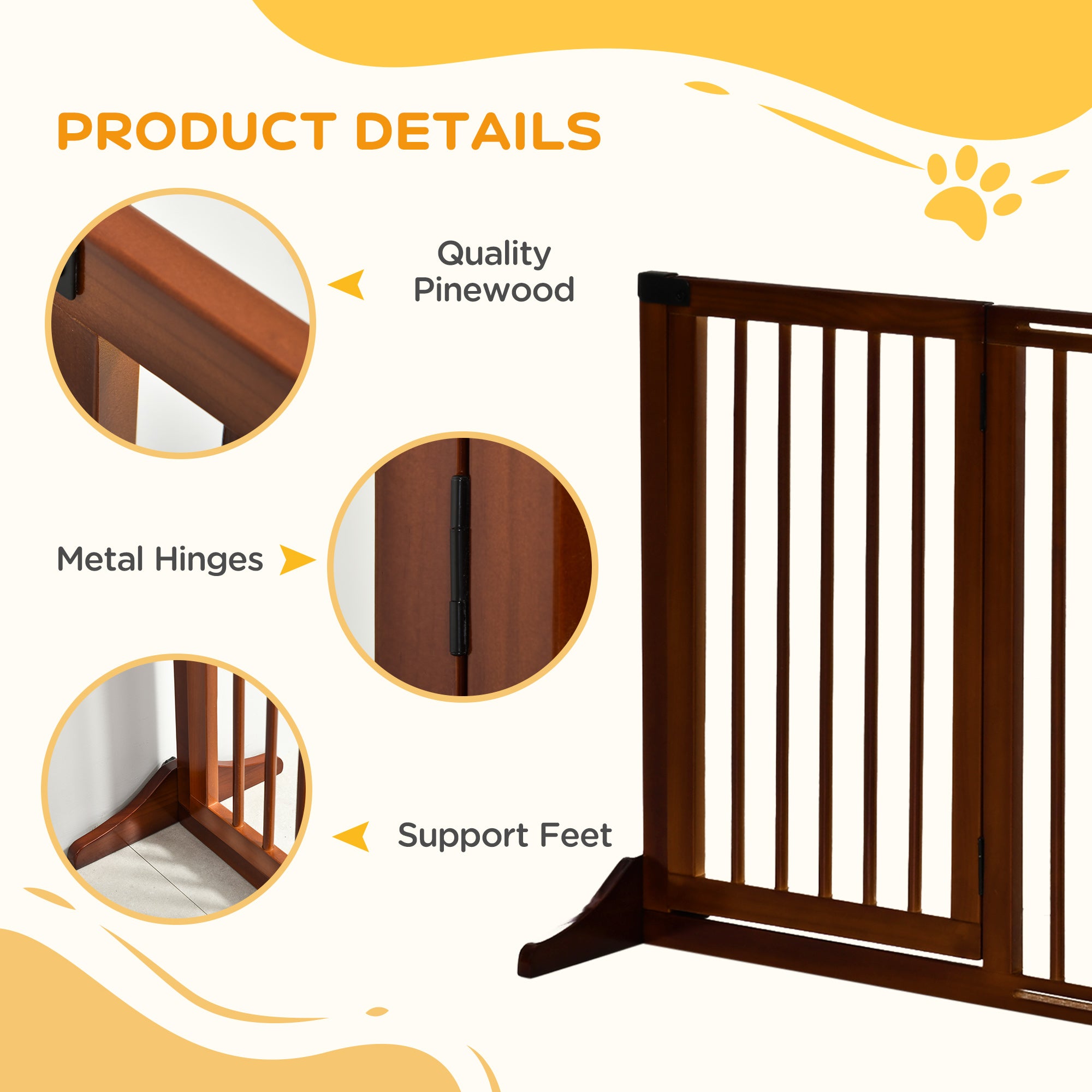 Freestanding Length Adjustable Wooden Pet Gate with Lockable Door 3 Panels, Brown - Brown - Image 7