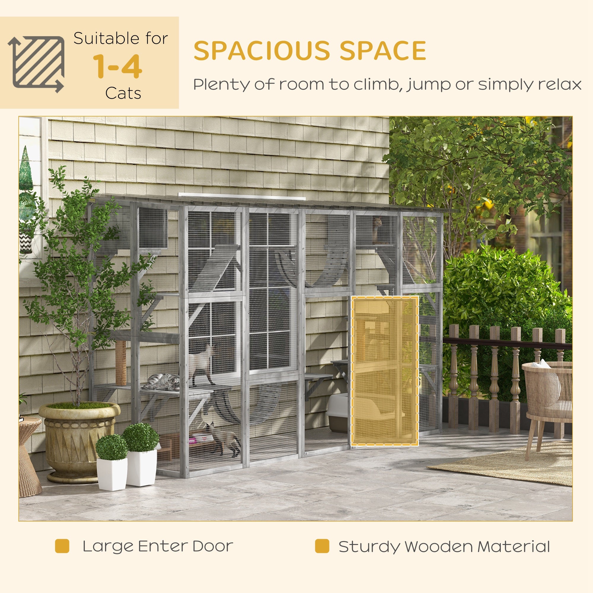 Catio Playground Cat Window Box Outside Enclosure for Multiple Cats w/ Shelves & Bridges, Gray - Gray - Image 7