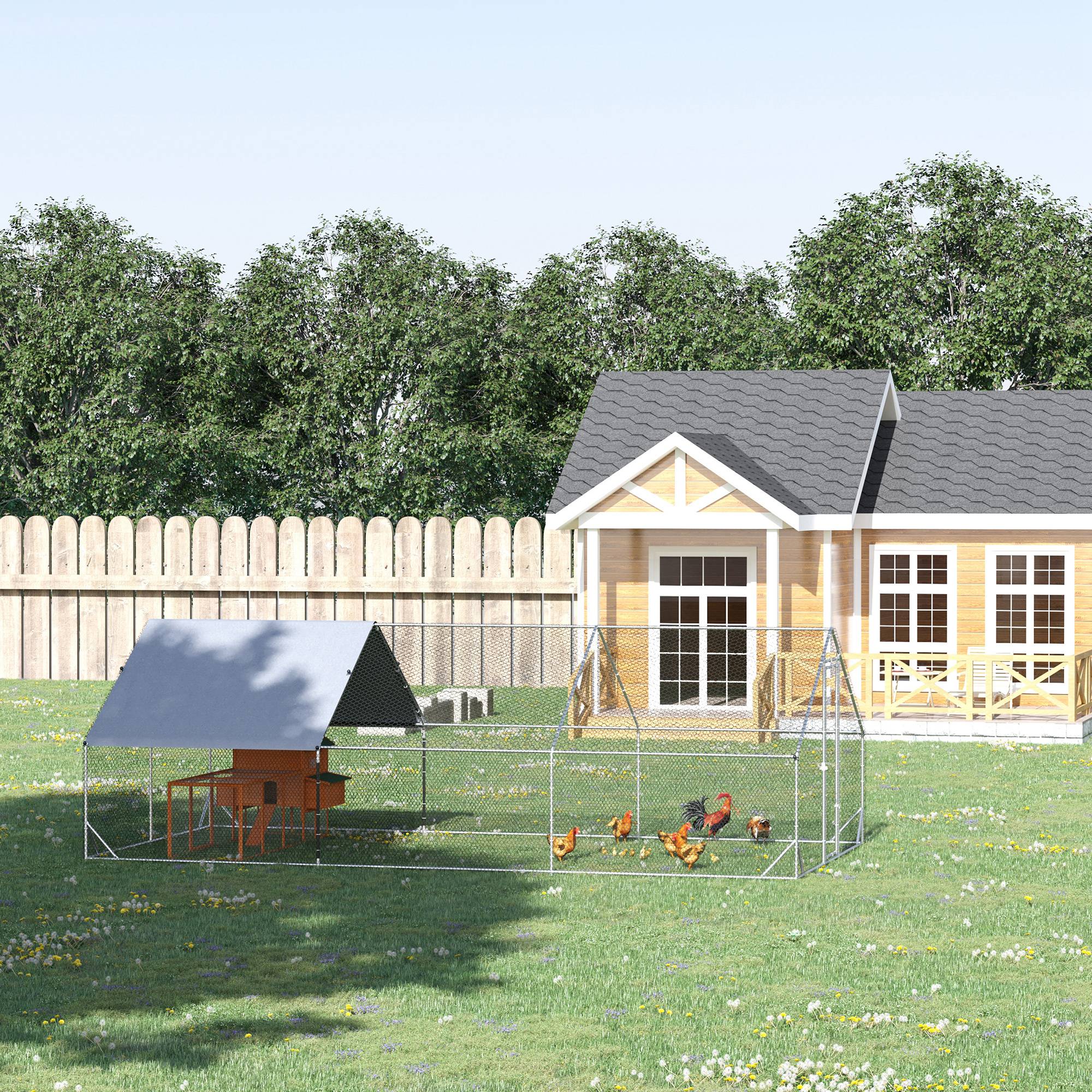 10' x 20' x 6.5' Chicken Coop Cage, Outdoor Hen House w/Cover & Lockable Door - Silver - Image 2