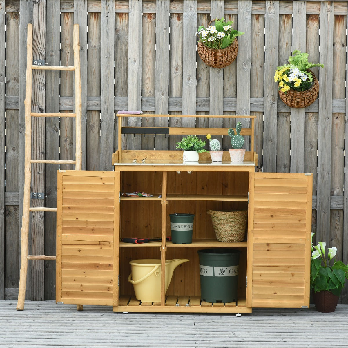 Backyard Garden Tool Storage Shed, Outdoor Storage & Potting Bench with 2 Magnetic Close Doors & Large Interior Storage Space - Yellow - Image 2