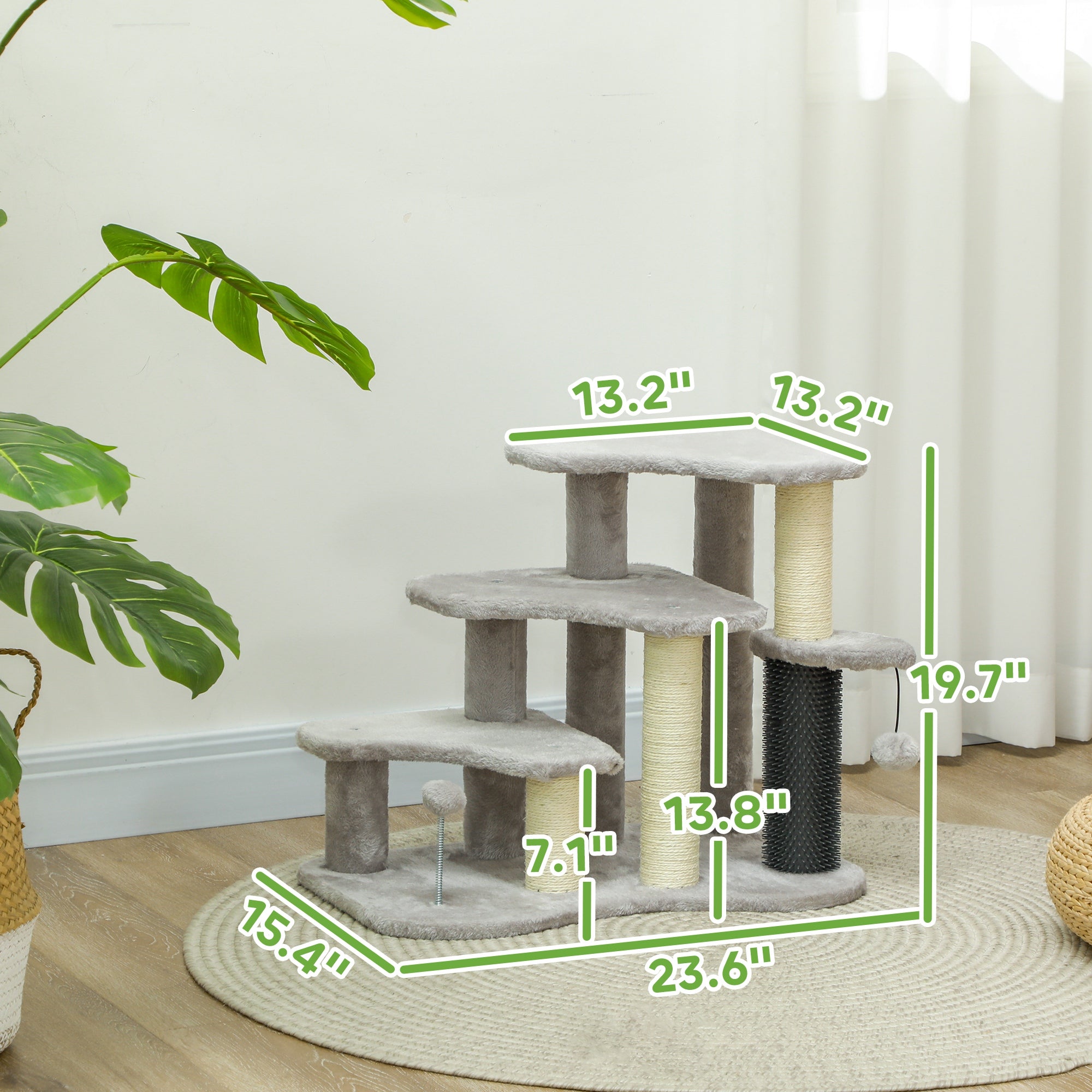 2 in 1 Cat Tree Tower 3-Step Pet Stairs with Scratching Posts, Tickling Post, Toy Balls, for High Beds, Couch - Light Gray - Image 3