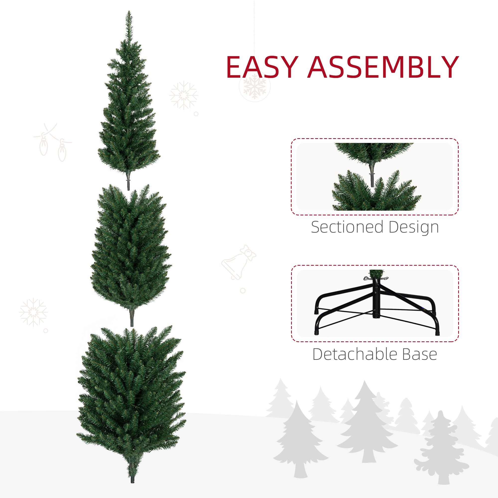 8' Artificial Pencil Christmas Trees Holiday Decoration with Colorful LED Lights, Steel Base, Skinny Shape