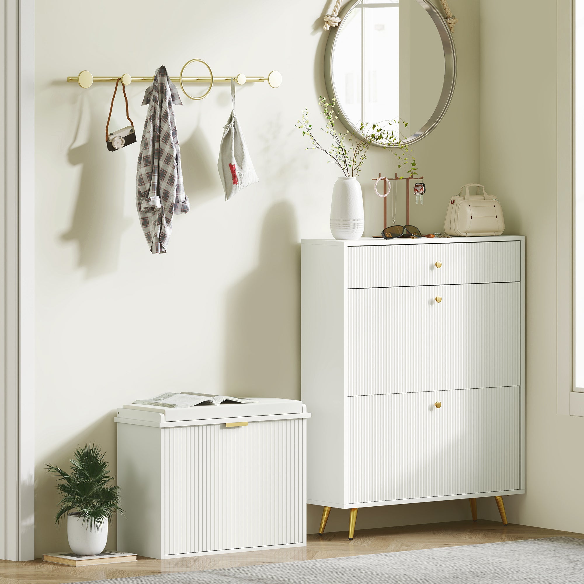 Shoe Storage Bench with Padded Seat Cushion and Flip-Drawer, Entryway Bench, Shoe Cabinet, 24.4x10.2x18.7 Inches, White